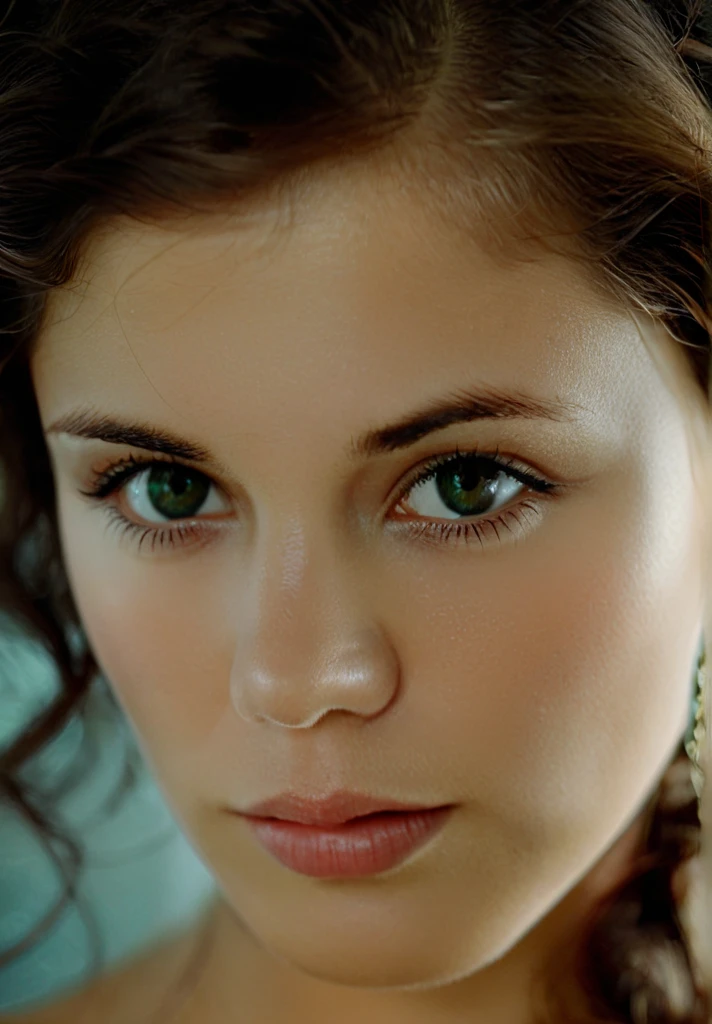 cinematic film still  Ohwx woman in a focus stacking portrait, bathed in a single shade of rich emerald green, highlighting the brown flecks in her eyes, minimalist makeup emphasizing her natural features, a single strand of hair curling across her cheek, a sense of mystery and intrigue. . shallow depth of field, vignette, highly detailed, high budget, bokeh, cinemascope, moody, epic, gorgeous, film grain, grainy