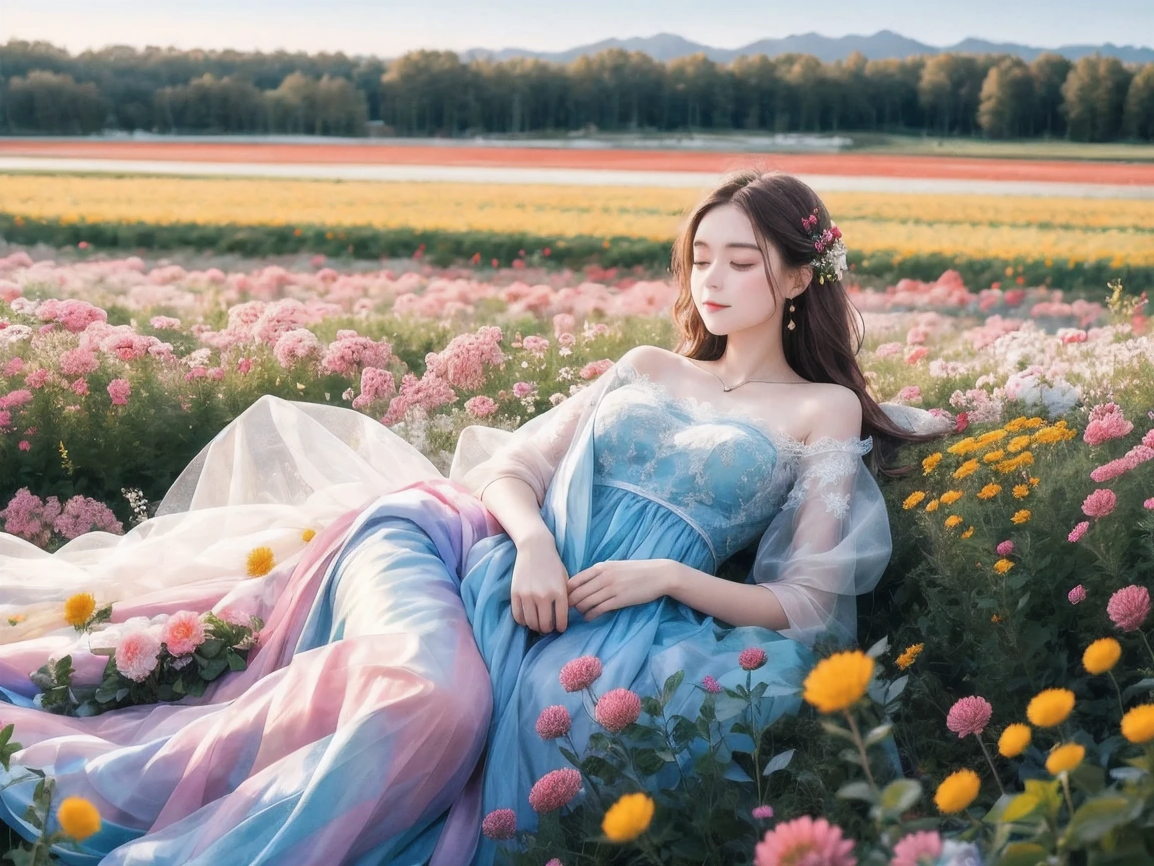 Young and caring girl with long light brown hair, ethereal lace pale-rainbow dress with silk accents, laying in a field of flowers and spring harvest as she enjoys the coming of spring in the early morning