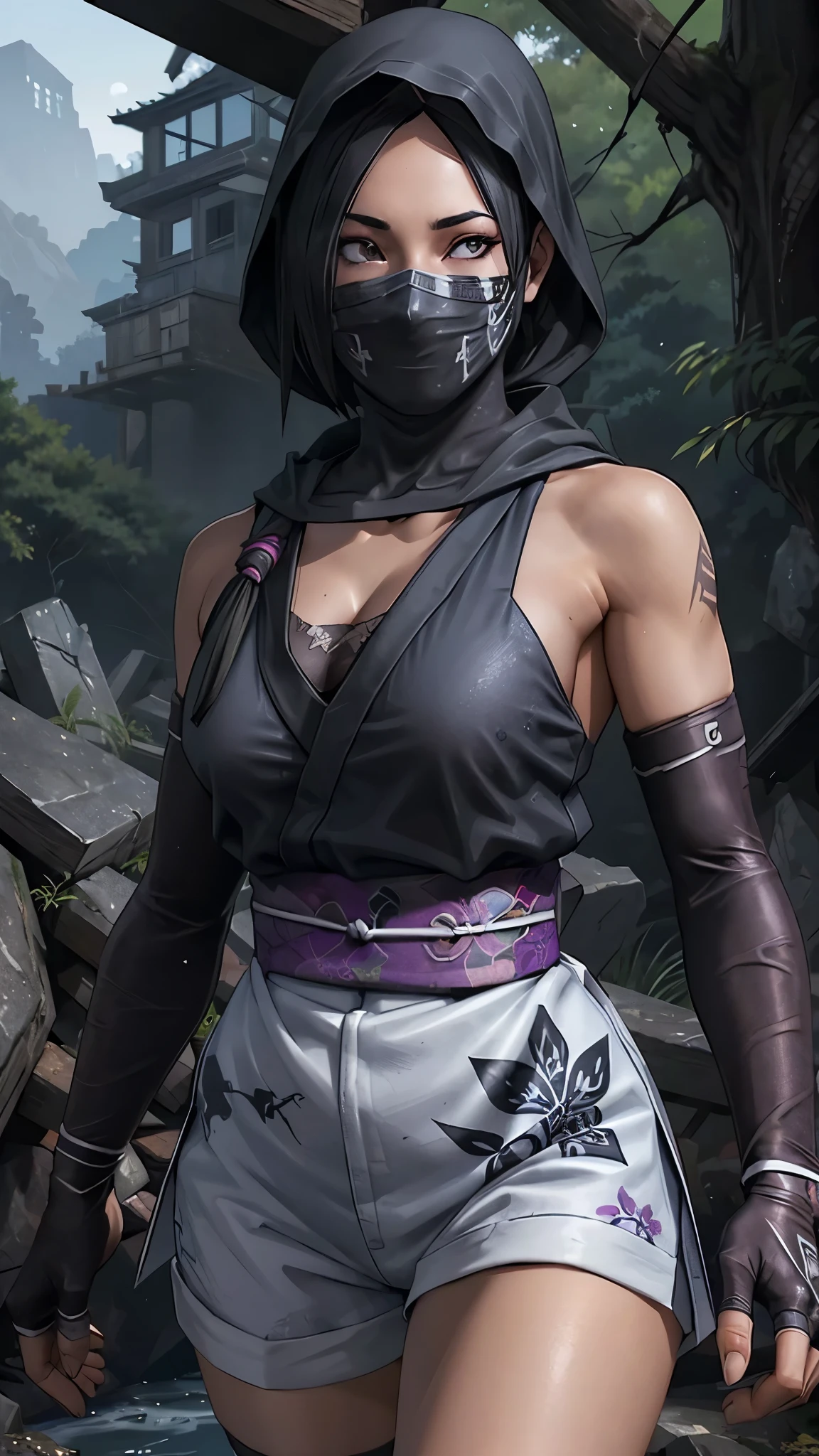 (La mejor calidad,A high resolution,Ultra - detallado,actual),Ariana Grande mosu ninja,1girl,solo,standing,cowboy shot,black hair,brown eyes,hair over one eye,eyeshadow,purple eyeshadow,breasts,small breasts,bare shoulders,mask,mouth mask,covered mouth,ninja mask,japanese clothes,kimono,short kimono,gloves,hood,skirt,sandals,socks,black legwear,toes,thigh strap,forest,tree,,(Fondo de ruinas de mazmorra en ruinas:1.4 ), (perfect anatomy :1.4), (Mosu Ninja :1.4), (Mosu Ninja V2.1), More detailed 8K.motor irreal:1.4,UHD,La mejor calidad:1.4, fotorrealista:1.4, textura de la piel:1.4, obra maestra:1.8,obra-prima, mejor calidad,objeto Objeto], (detailed face features:1.3),(Las proporciones correctas),(Ojos hermosos :1.4),  (pose vaquero), (face detailed :1.4), ,(Fondo de ruinas de mazmorra en ruinas piedras grandes :1.4 ), (japanese kimono white :1.4), (colores brillantes), (perfect anatomy :1.4), (medias blancas brillantes/pantys:1.4),