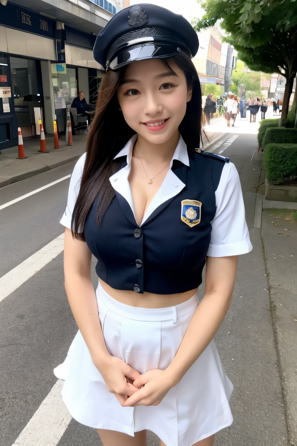 ((highest quality)), ((masterpiece)), (detailed), Perfect Face, A 20-year-old as cute as a 15-year-old idol, A kind smile, Female police officer, Police uniform, Police uniformはCleavageが見えるデザイン、Cleavage,  whole body, City Sidewalk, Genuine stick, Genuine、Real