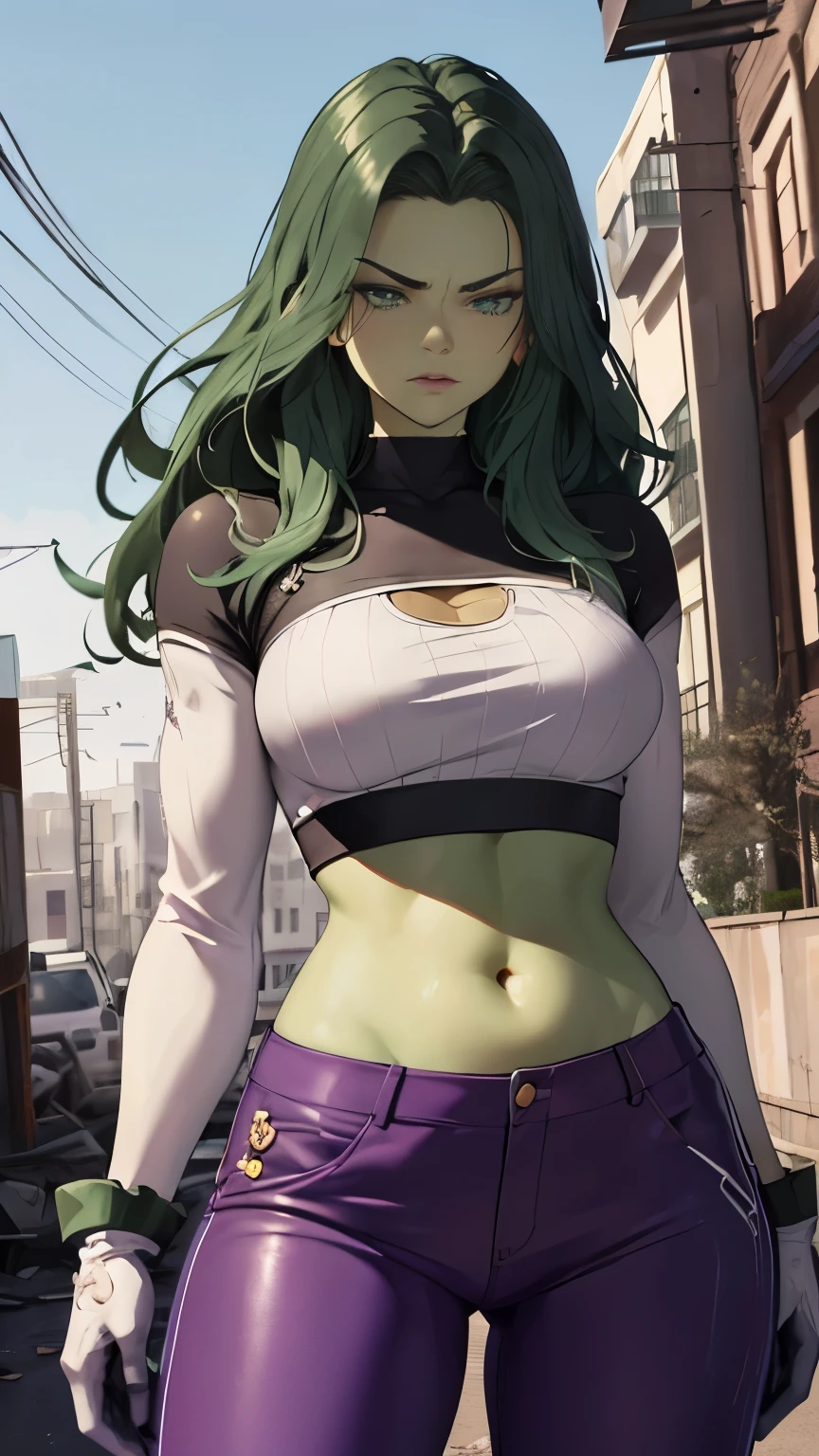 (Highly quality, masterpiece, detailed), Destroyed city detailed scenario, Destroyed detailed background, 20 years old girl, CARTOON_shehulks_bodysuit_ownwaifu, solo, Green skin, Dark Green hair, Colored Skin, Purple/White top, Leather top, Purple/White pants, Leather Pants, Crop top, Purple/White Sleeves, Long Sleeves, Purple/White Gloves, Navel, Angry, beautiful eyes, perfect eyes, looking at the viewer, Sexy pose