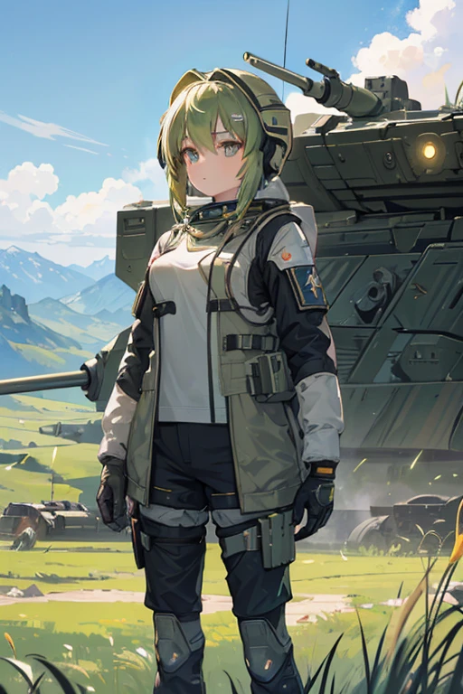award winning (full body:0.8) (portrait photo:1.3) of a young female (sci-fi astronaut:1.3) with a (army tank:1.4), (Stargate:1.4), looking out over a verdant alien planet, (mountains:1.2) (tall grass:1.4), rocks, fluffy clouds in the sky, trending on artstation, highly detailed, fine detail, intricate, (lens flare:0.6), (backlighting:0.8), (bloom:0.8), shallow depth of field