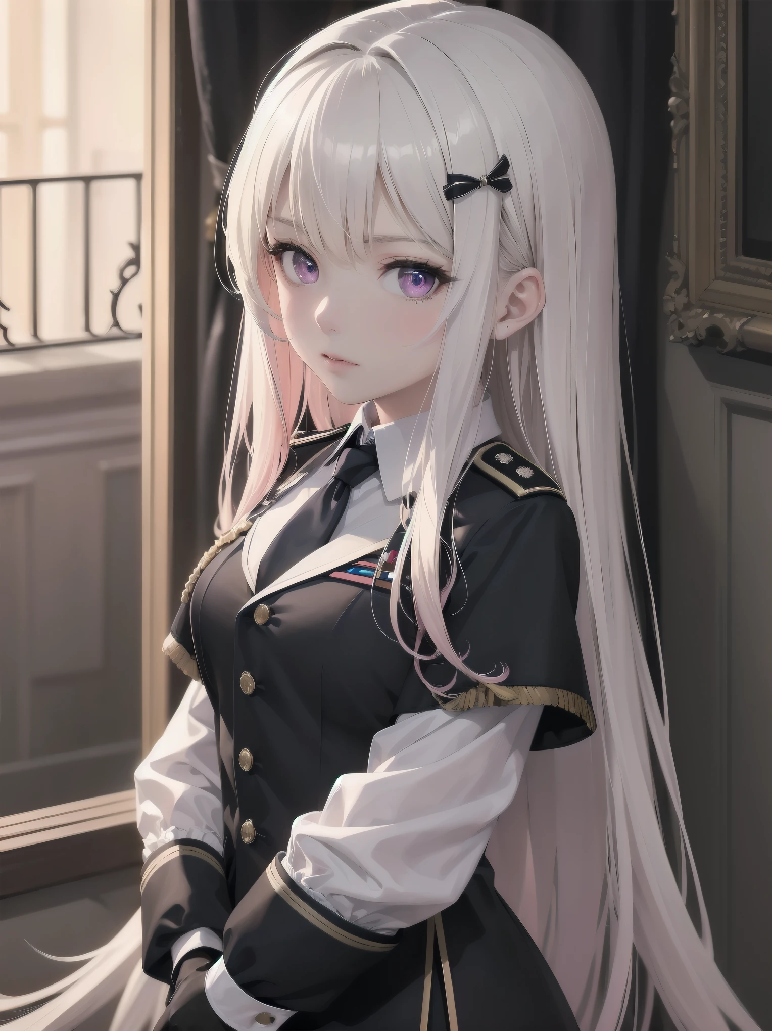 The girl wore a black German military uniform, The girl was draped in a black cloak, surreal, granblue fantasy style, extremely delicate and beautiful, upper body, looking at viewers, focus on eyes, hands behind back, grace, Perfect female body, girlan extremely delicate and beautiful girl, young, Very long hair, sliver hair, big forhead, hair over shoulder, shiny platinum blonde hair, long hair flowing with the wind, detailed face, serious, beatiful detailed eyes, medium chest circumference, white skin, holster, necktie, black capelet, gloves, German military uniform, black gauze skirt, formal, black Clothes, indoors, palace, State banquet, best masterpiece, hyper quality, ultra-detailed,purple eyes,Military uniform,1girl, solo, long hair, pink hair, hairclip, bangs, pink eyes, , pink bow, white shirt, collared shirt, long sleeves, grey skirt