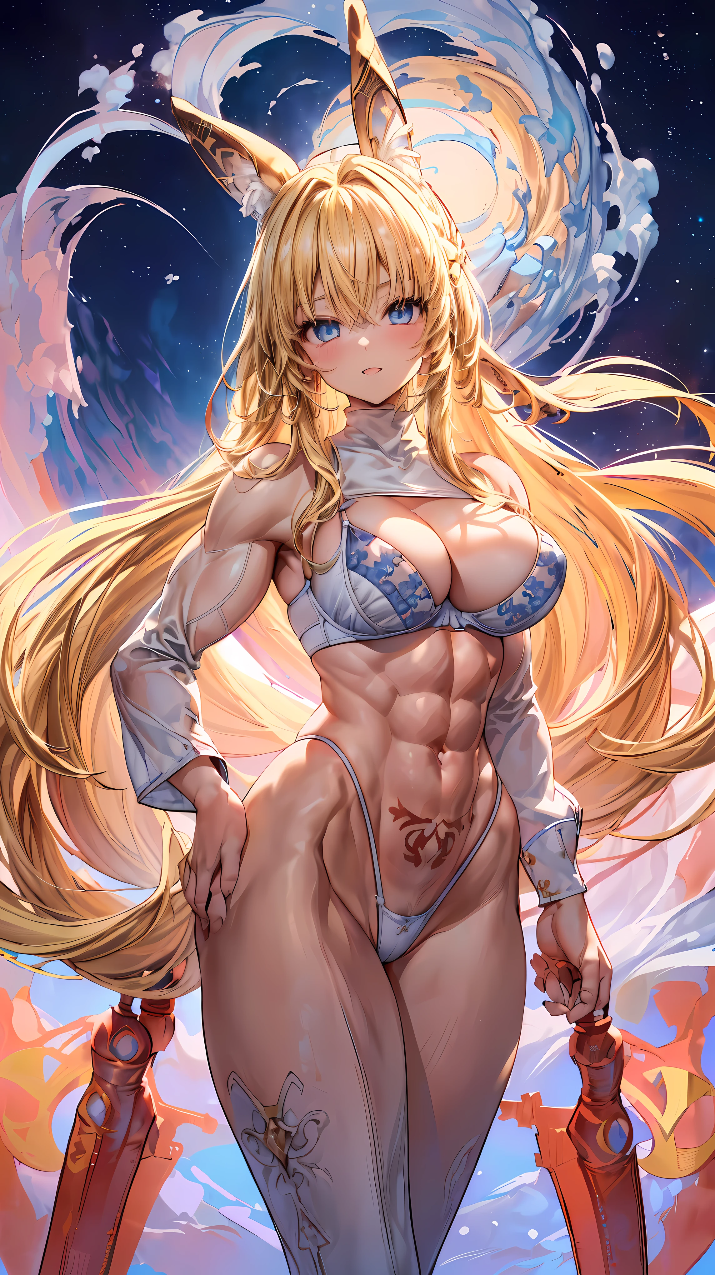 Very detailed、highest quality、Best image quality、masterpiece、8k、Anime Face、A kind smile、(Open your mouth:1.3)、Sparkling blue eyes、(Blonde semi-long hair:1.5)、(Muscles of the whole body:1.3)、(highleg:2.0)、(Thong:1.5)、Thigh belt、(Cowboy Shot:1.5)、(SFW Giant)、(Thick body:1.2)、(bra:1.5)、(sxspnts)、(Rear View:1.5)