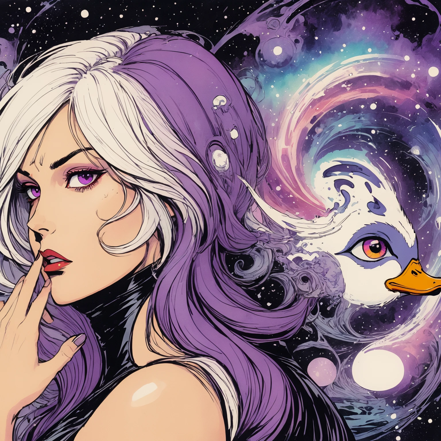 Cryptic Girl, Joelle Jones hand drawn expressive bold ink lines, full length portrait, (hair duo-tone purple, white gradient long hair), stylish futuristic steampunk black leather outfit, watercolor 1940's swirling vast abyss cosmos, indifferent, kind, balance, fate of cosmos, tapestry of galaxy, energy of wisdom and strength, hidden power of the planet, together with too precious adorable slightly sinister rubberduck, ((wordless)) cinematic poster, splash page, image within image, optical illusion, double exposure, (Cryptic Force) with 90\'s comics coloring style except her hair
