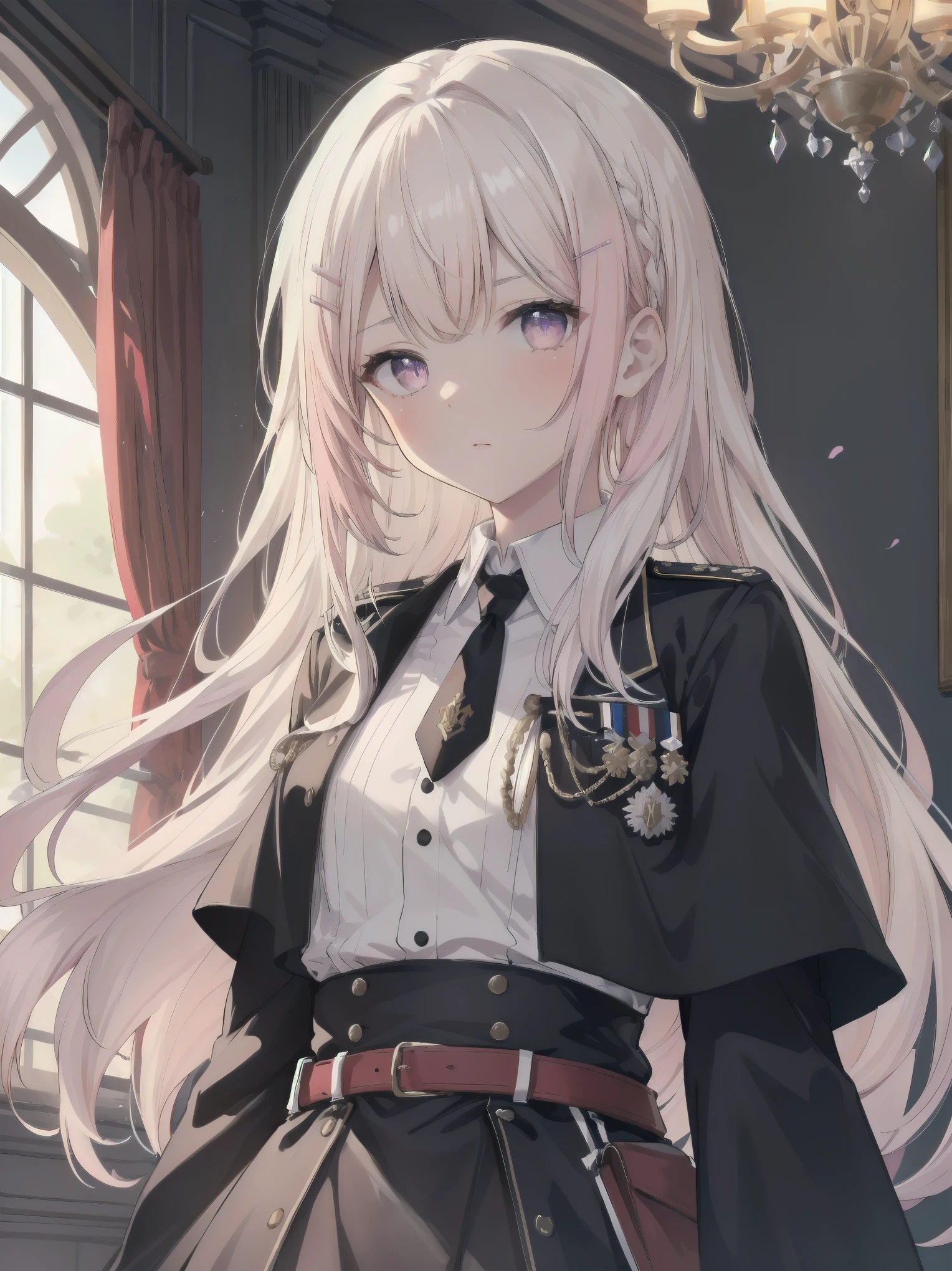 The girl wore a black German military uniform, The girl was draped in a black cloak, surreal, granblue fantasy style, extremely delicate and beautiful, upper body, looking at viewers, focus on eyes, hands behind back, grace, Perfect female body, girlan extremely delicate and beautiful girl, young, Very long hair, sliver hair, big forhead, hair over shoulder, shiny platinum blonde hair, long hair flowing with the wind, detailed face, serious, beatiful detailed eyes, medium chest circumference, white skin, holster, necktie, black capelet, gloves, German military uniform, black gauze skirt, formal, black Clothes, indoors, palace, State banquet, best masterpiece, hyper quality, ultra-detailed,purple eyes,Military uniform,1girl, solo, long hair, pink hair, hairclip, bangs, pink eyes, , pink bow, white shirt, collared shirt, long sleeves, grey skirt