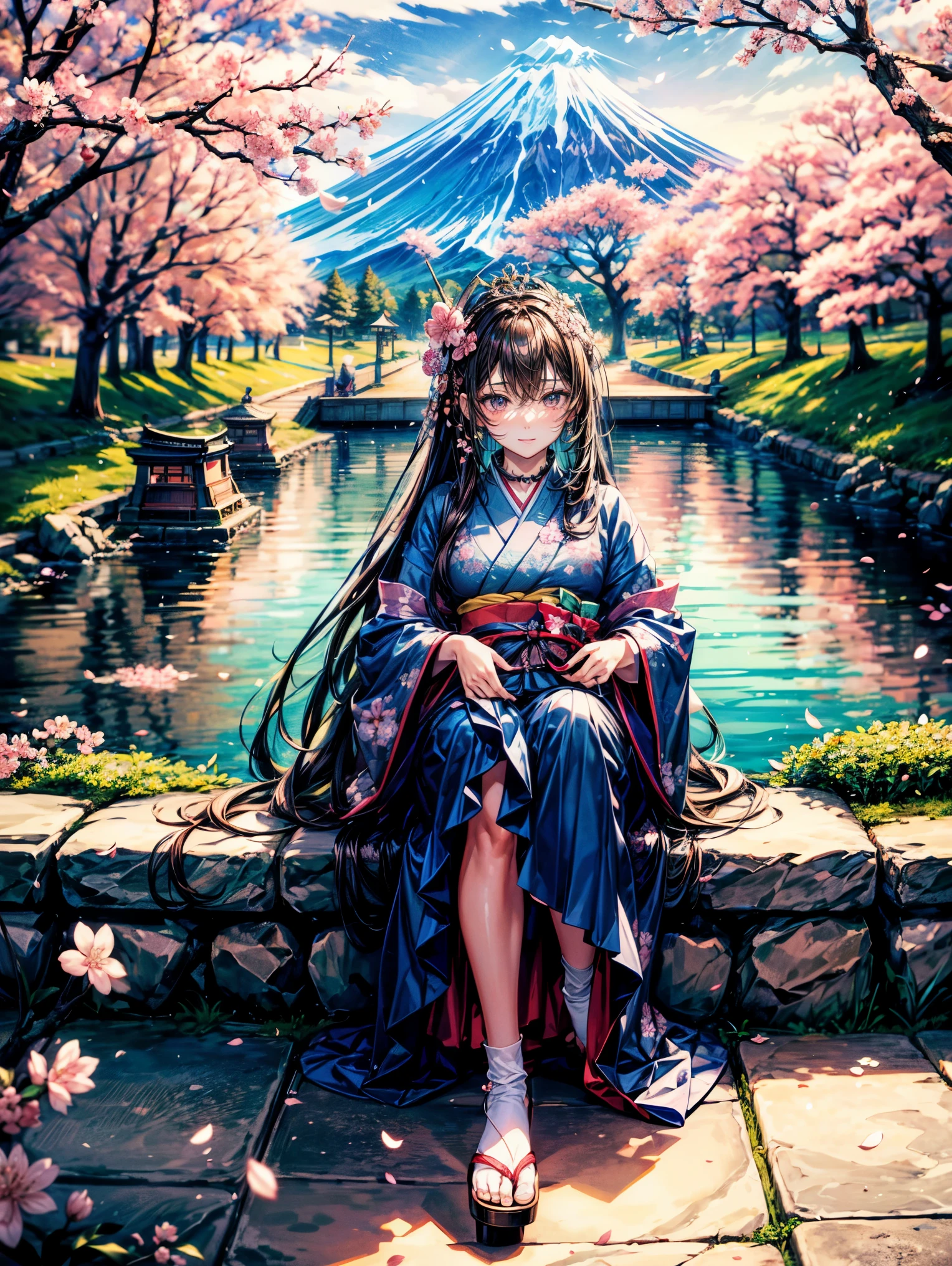 masterpiece,highest quality,Ultra high definition,Sakuyahime, Japanese mythology, cherry blossom spirit, God of Mt. Fuji, long cherry blossom-colored hair, cherry blossom-colored eyes, kimono with flowers, cherry blossom crown, foot of Mt. Fuji, under cherry blossom tree, announcing the coming of spring, gentle smile