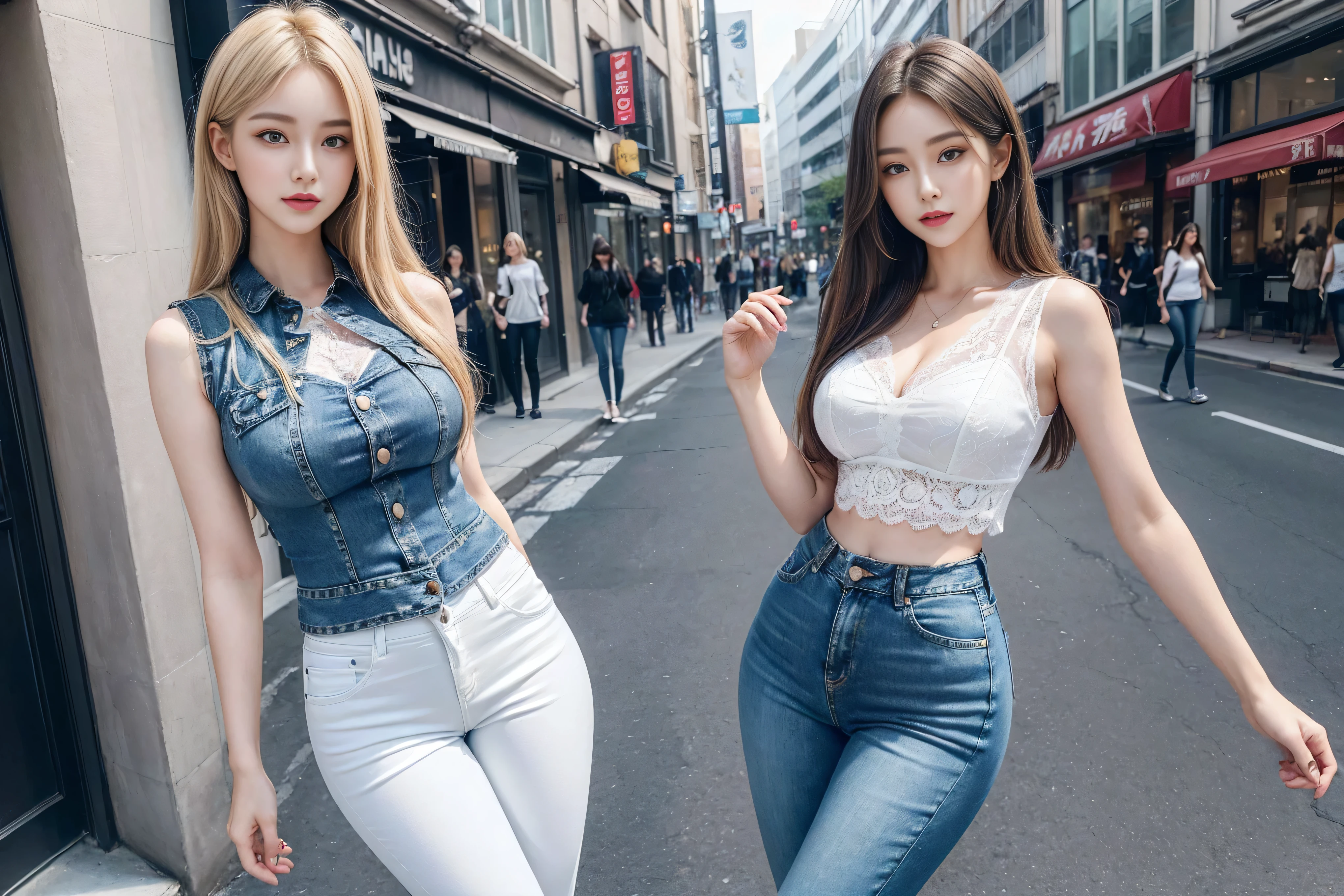 ((Realistic lighting, best quality, 8K, masterpiece:1.3)), (Lock focus:1.2), (2 sisters),(Beautiful woman with perfect figure:1.4), : 2 beautiful Korean girls, Korean pop idol,Leg length,(Pale skin), (big eyes),(Smile:0.8),(Plump and sexy lips), Complex and detailed face, ((Super delicate skin)),Delicate face,Ultra-thin face,Fine Eyes,Double eyelids,((blonde)), (White lace underwear:1.4),Background Shibuya street,emphasize,Ultra-thin face,Fine Eyes,Double eyelids,(Start from below:1.attitude,(Mid-chest:1.2),Sexy long legs, (Thigh gap:1.5),Wide hips,S-Shaped Body,Vest line, Hips lifted,Leg length,Skinny denim trousers,Shooting from the front,Body proportions,Over-the-knee leather boots,