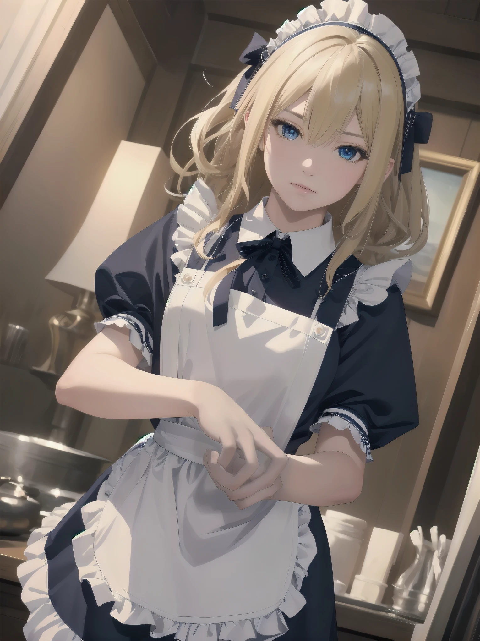 (Cowboy Shot:1.3),Blonde,Hello,blue eyes,tokidef, Maid, Maid headdress, Maid apron, Blue ribbon,masterpiece,Noise Reduction,Perfect Anatomy,High resolution, Very detailed,Game CG,Dutch Angle ,Beautiful fine details,Visual Arts,Five Fingers, Perfect hands, Perfect lighting,
