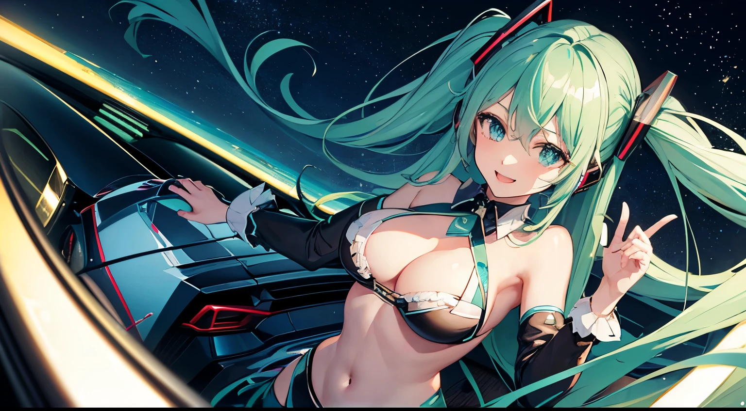 Drive a Lamborghini、Hatsune Miku in a bikini、Large Breasts、Night view、smile