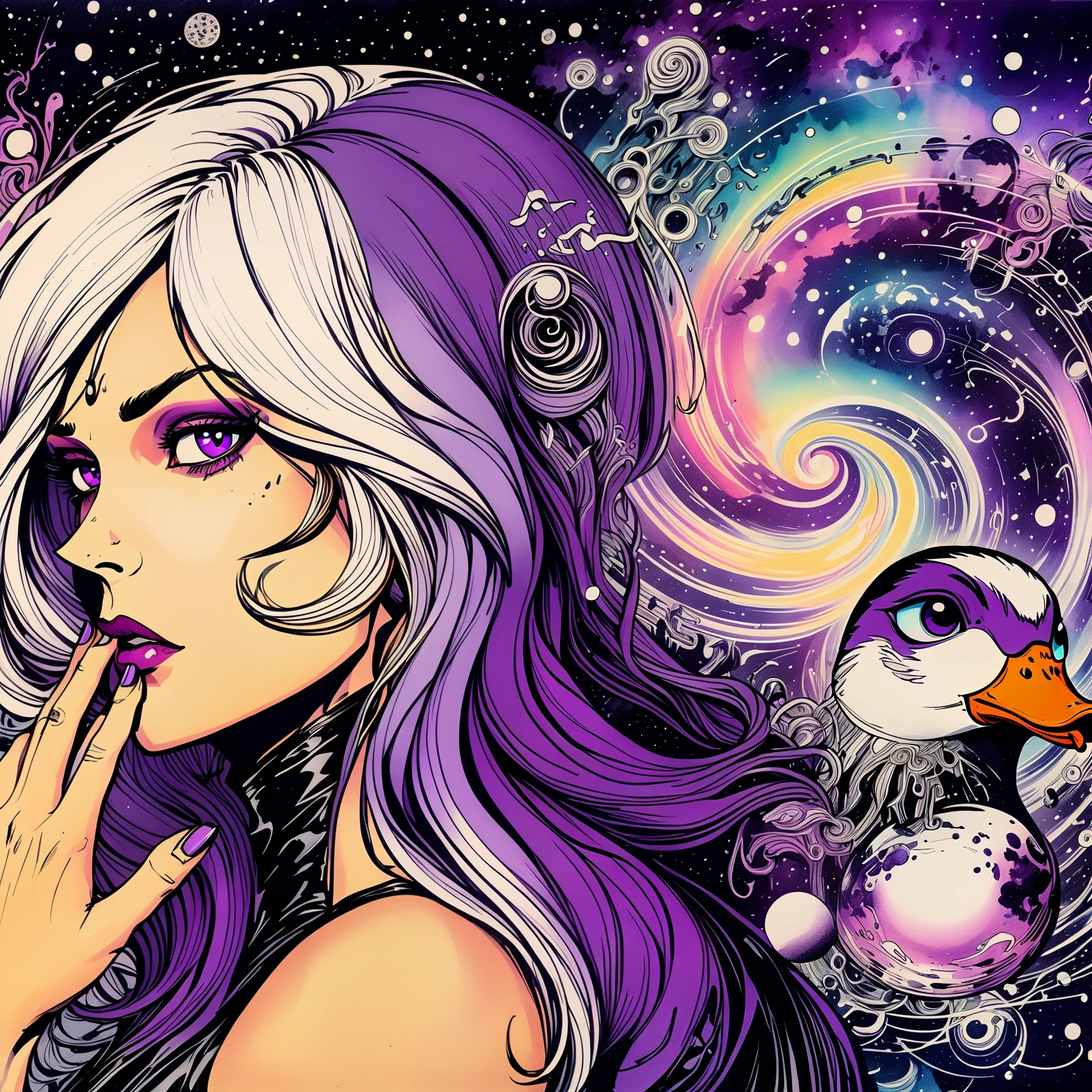 Cryptic Girl, Joelle Jones hand drawn expressive bold ink lines, full length portrait, (hair duo-tone purple, white gradient long hair), stylish futuristic steampunk black leather outfit, watercolor 1940's swirling vast abyss cosmos, indifferent, kind, balance, fate of cosmos, tapestry of galaxy, energy of wisdom and strength, hidden power of the planet, together with too precious adorable slightly sinister rubberduck, ((wordless)) cinematic poster, splash page, image within image, optical illusion, double exposure, (Cryptic Force) with 90\'s comics coloring style except her hair