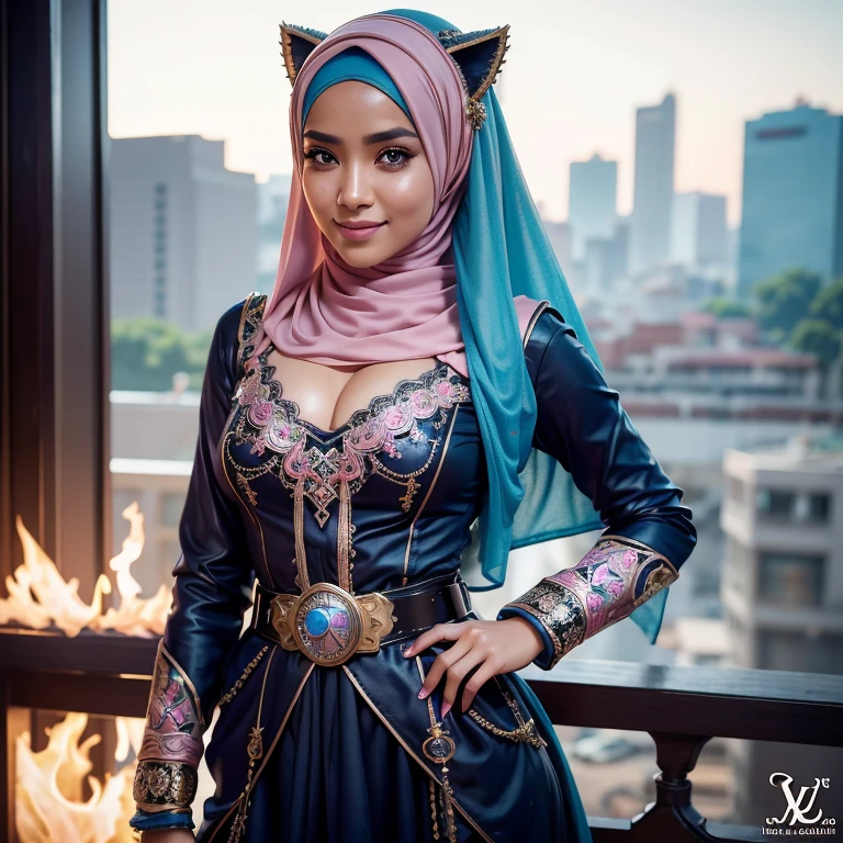 Craft a photorealistic scene of a Malay girl in hijab as an intrepid explorer in a steampunk world. Showcase intricate gears, Victorian-inspired fashion, and a sense of adventure in this alternate reality, 8mm lens, Extreme close-up, pastel color grading, depth of field cinematography effect, film noir genre, 8k resolution, high quality, ultra detail, thicc, wearing hijab, hijab star, hijab gorgeous, hijab super model, Malaysian girls group,malay, The whole body consists of a young girl with hijab, Eye makeup, 21yo, Cat ears, Soft lighting, group, Wear shabby clothes, Dirty, Tattered futuristic bikini, Cat's paw badge, Pose, spot color, rendering by octane, Ultra-realistic intricate details, Cinematic, 8K resolution, 70mm, emphasis lighting, Global illumination, (((wearing a Sexy belt design by LV))) Surreal full-body figure, Beautiful and delicate body and face, gorgeous figure, ssmile, Titillating,Surreal full-body figure,Beautiful and detailed body and face, Super vista, White skin of the, vivd colour,🔥8k, (masterpiece), (((highest quality)), (super detailed), 2 girls, (iridescent hair, colorful hair, half blue and half pink hair: 1.2), 38 years old, (Gorgeous Malay Girls: 1.2), outdoor, bangs, smile, sky blue eyes, perfect hands, perfect hands, hand details, corrected finger