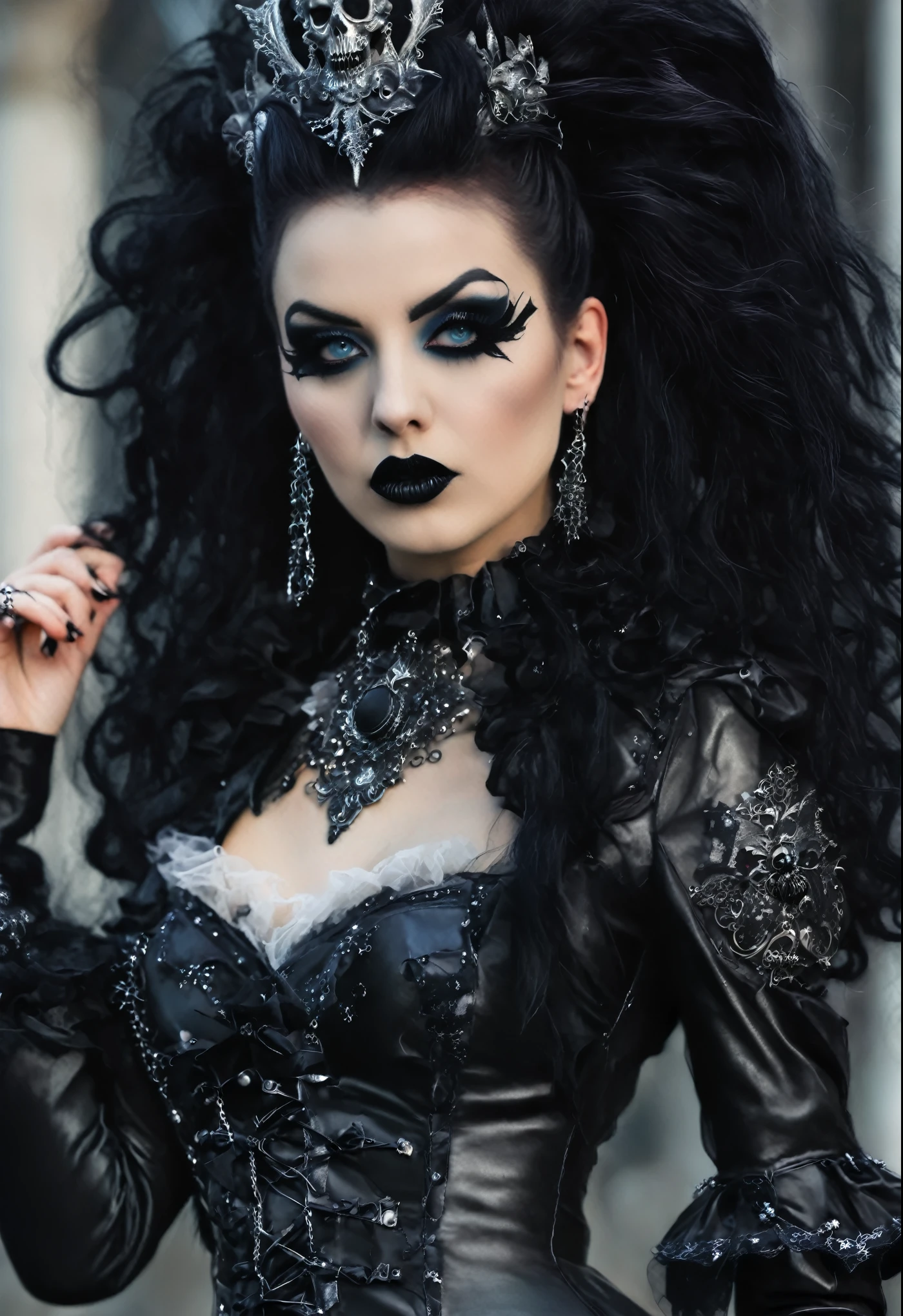 araffe gothic woman with black makeup and black hair, dark goth queen, wearing goth makeup, very beautiful goth top model, goth makeup, goth woman, gothic makeup, gothic fashion, gothic and futuristic, goth style, beautiful vampire female queen, dark goth queen with blue eyes, gothic style, wearing gothic accessories, goth girl, gothic aesthetic, goth chic, victorian goth