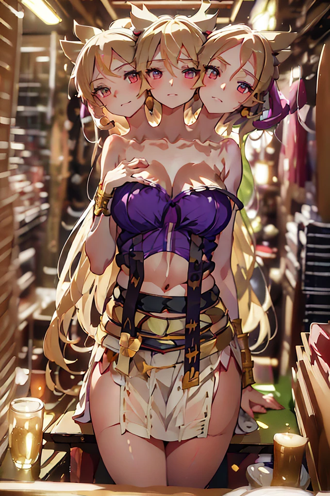 (masterpiece, best quality), best quality, (ultra-detailed), (3heads:1.5), 1girl, (toyosatomimi no miko:1.3), masterpiece, best quality, ultra quality, ultra resolution, uktra detail, white-purple top, crop top, ((stomach)), midriff, ((groin)), open belly, purple skirt, normal ears, shackles, very light, almost platinum blonde hair, very long hair, wavy hair, sidelocks, grey eyes, parted lips, sweat, very cute, toned belly, hand on own chest, eyelashes, (24 year old woman:1.3), (masterpiece:1.5), (best quality:1.5), (beautiful detailed), extremely detailed CG, extremely delicate and beautiful, depth of field, (finely detailed face), (perfect details:1.2), (mature female:1.3), wide pelvis, slender, large veiny breast, 16k resolution, highres, high quality, high definition, extremely detailed, masterpiece, very light, almost platinum blonde hair, long hair, alluring presence, braid, short skirt, close up, big tits, young, nsfw, open belly, midriff,