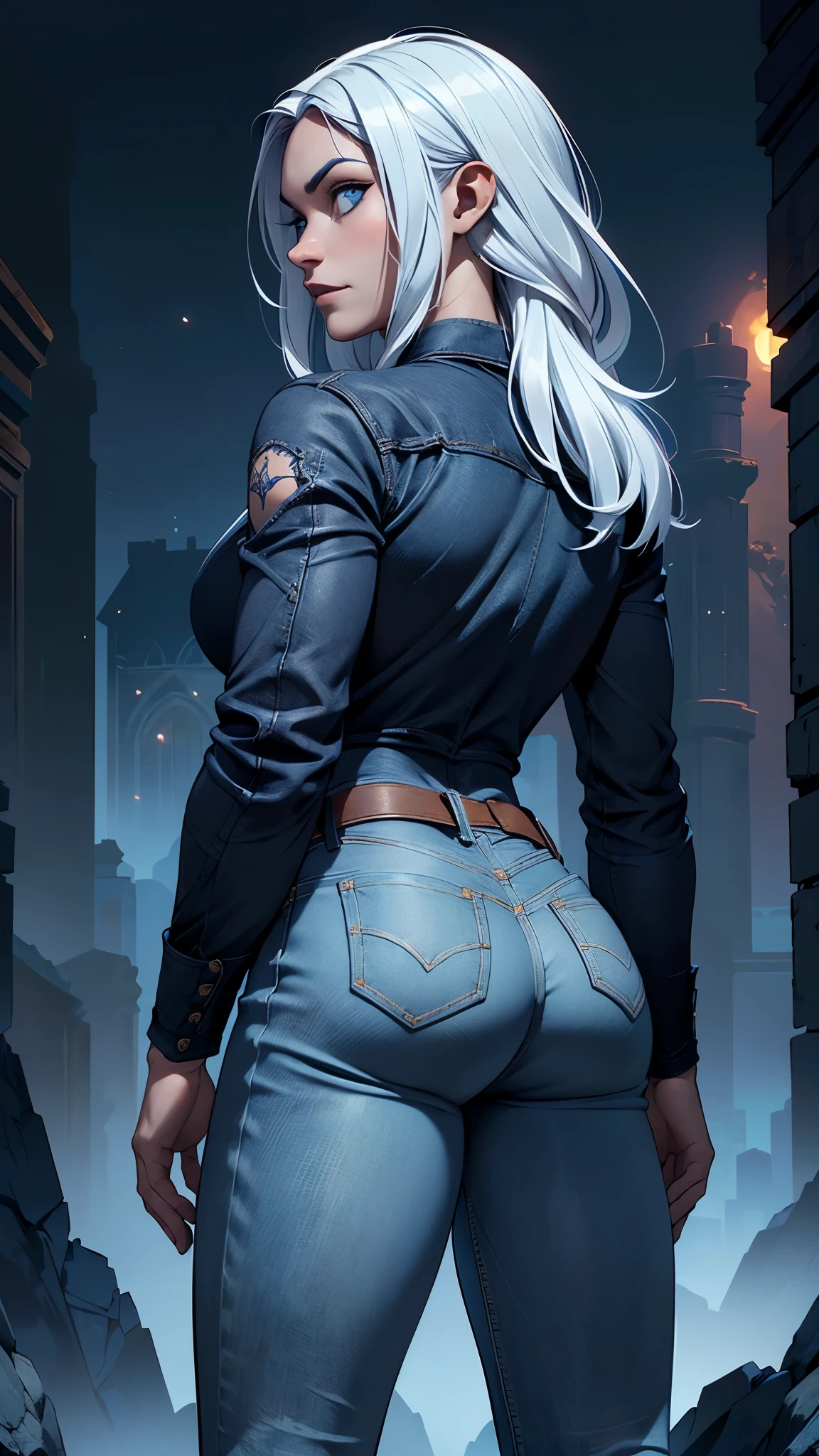 (1 mulher), (Sozinho), maduro, cabelo preto profundo, Cabelo ondulado, cabelo curto, Pale skin, camisa preta cortada,( jaqueta vermelha white :1.4) , corpo muscular, average , tatuagens, (jeans azul profundo rasgado :1.4) , sorriso arrogante, cicatrizes no rostro, More detailed 8K.motor irreal:1.4,UHD,La mejor calidad:1.4, fotorrealista:1.4, textura de la piel:1.4, obra maestra:1.8,obra-prima, mejor calidad,objeto Objeto], (detailed face features:1.3),(Las proporciones correctas),(Ojos hermosos azules:1.4 ),  (pose vaquero), ,(Fondo de ruinas de mazmorra en ruinas:1.4 ), (medias blancas brillantes/pantys:1.4),(perfect anatomy :1.4), (rear view, backside view), (tiene un culo hermoso) 