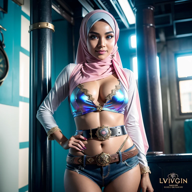 Craft a photorealistic scene of a Malay girl in hijab as an intrepid explorer in a steampunk world. Showcase intricate gears, Victorian-inspired fashion, and a sense of adventure in this alternate reality, 8mm lens, Extreme close-up, pastel color grading, depth of field cinematography effect, film noir genre, 8k resolution, high quality, ultra detail, thicc, wearing hijab, hijab star, hijab gorgeous, hijab super model, Malaysian girls group,malay, The whole body consists of a young girl with hijab, Eye makeup, 21yo, Cat ears, Soft lighting, group, Wear shabby clothes, Dirty, Tattered futuristic bikini, Cat's paw badge, Pose, spot color, rendering by octane, Ultra-realistic intricate details, Cinematic, 8K resolution, 70mm, emphasis lighting, Global illumination, (((wearing a Sexy belt design by LV))) Surreal full-body figure, Beautiful and delicate body and face, gorgeous figure, ssmile, Titillating,Surreal full-body figure,Beautiful and detailed body and face, Super vista, White skin of the, vivd colour,🔥8k, (masterpiece), (((highest quality)), (super detailed), 2 girls, (iridescent hair, colorful hair, half blue and half pink hair: 1.2), 38 years old, (Gorgeous Malay Girls: 1.2), outdoor, bangs, smile, sky blue eyes, perfect hands, perfect hands, hand details, corrected finger
