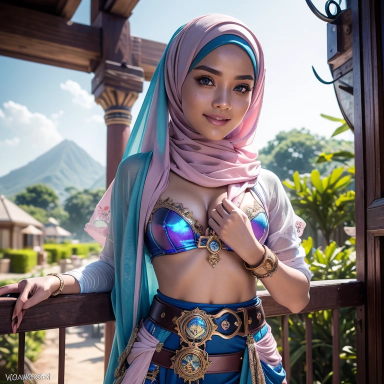 Craft a photorealistic scene of a Malay girl in hijab as an intrepid explorer in a steampunk world. Showcase intricate gears, Victorian-inspired fashion, and a sense of adventure in this alternate reality, 8mm lens, Extreme close-up, pastel color grading, depth of field cinematography effect, film noir genre, 8k resolution, high quality, ultra detail, thicc, wearing hijab, hijab star, hijab gorgeous, hijab super model, Malaysian girls group,malay, The whole body consists of a young girl with hijab, Eye makeup, 21yo, Cat ears, Soft lighting, group, Wear shabby clothes, Dirty, Tattered futuristic bikini, Cat's paw badge, Pose, spot color, rendering by octane, Ultra-realistic intricate details, Cinematic, 8K resolution, 70mm, emphasis lighting, Global illumination, (((wearing a Sexy belt design by LV))) Surreal full-body figure, Beautiful and delicate body and face, gorgeous figure, ssmile, Titillating,Surreal full-body figure,Beautiful and detailed body and face, Super vista, White skin of the, vivd colour,🔥8k, (masterpiece), (((highest quality)), (super detailed), 2 girls, (iridescent hair, colorful hair, half blue and half pink hair: 1.2), 38 years old, (Gorgeous Malay Girls: 1.2), outdoor, bangs, smile, sky blue eyes, perfect hands, perfect hands, hand details, corrected finger