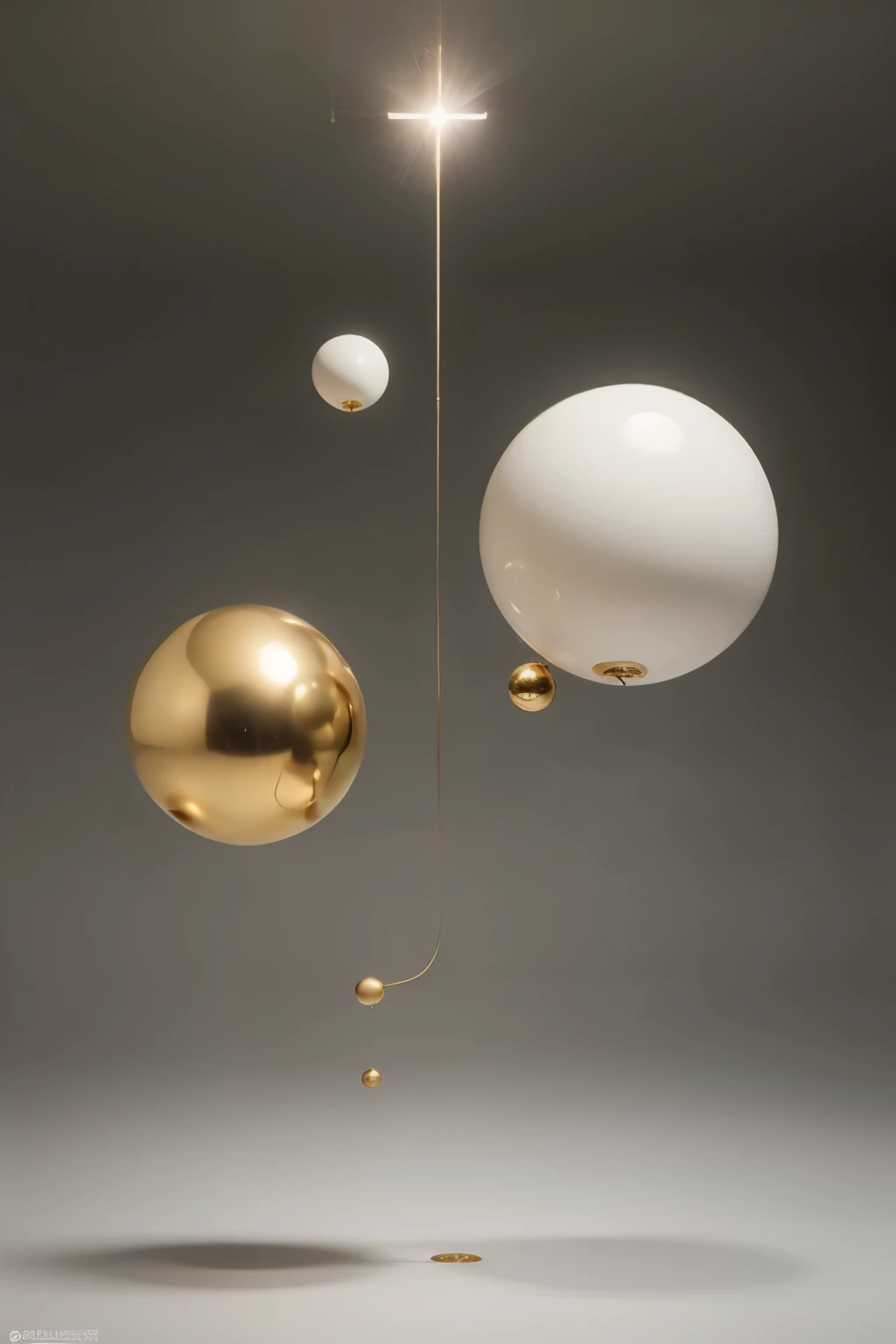 ((mejor calidad)), Abstract futuristic white composition with floating balls and levitating objects, grey and gold, with golden halos and more white big ball, elegant