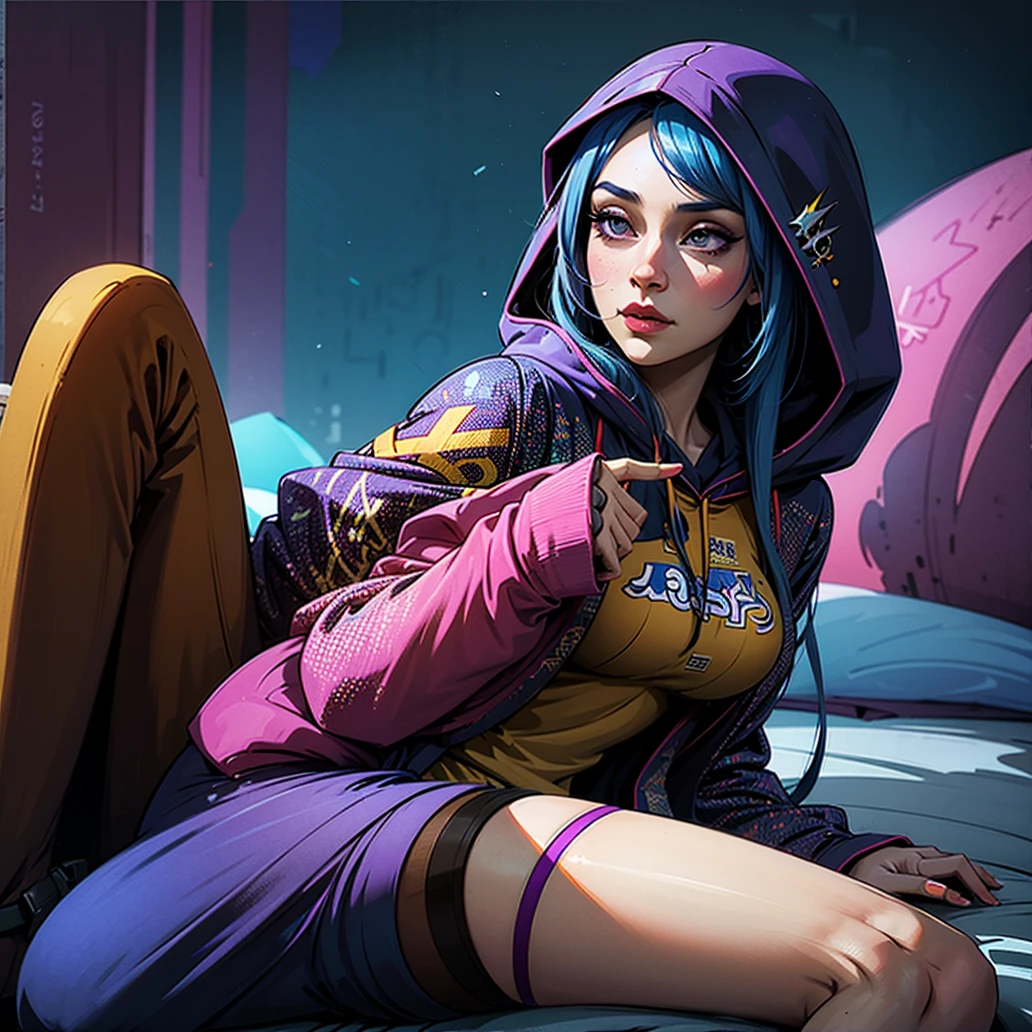 Arapei girl lying on bed with colorful background, Cyberpunk anime girl cosplay Guwiz style artwork, Artist Lu Dongjun, Created by Yang J, Ross Trunk 8K, Guvitz at the Pisif Art Station, Sakimican Frank Franzeta assists in creative conception, Anime girls wear hooded shirts