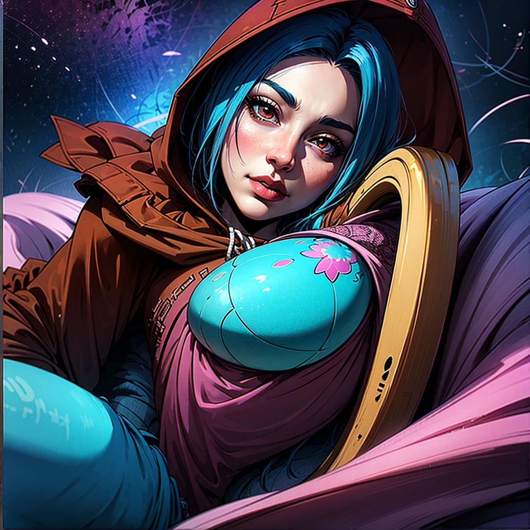 Arapei girl lying on bed with colorful background, Cyberpunk anime girl cosplay Guwiz style artwork, Artist Lu Dongjun, Created by Yang J, Ross Trunk 8K, Guvitz at the Pisif Art Station, Sakimican Frank Franzeta assists in creative conception, Anime girls wear hooded shirts
