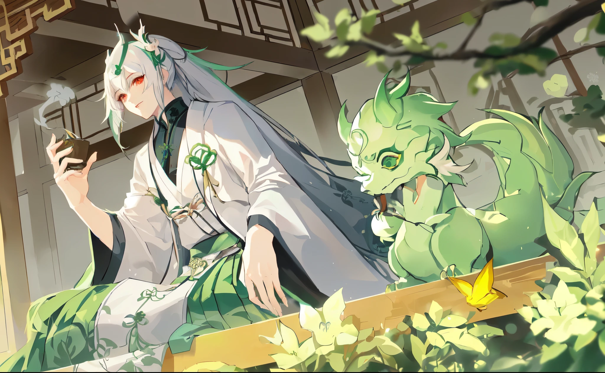 Cartoon style image of a woman in a robe sitting on a balcony, White and green hair,Red eyes,Detailed fan art, Inspired by Huang Shen, heise jinyao, Onmyoji detailed art, High-quality fanart, Dragon in the background, digesting a small dragon