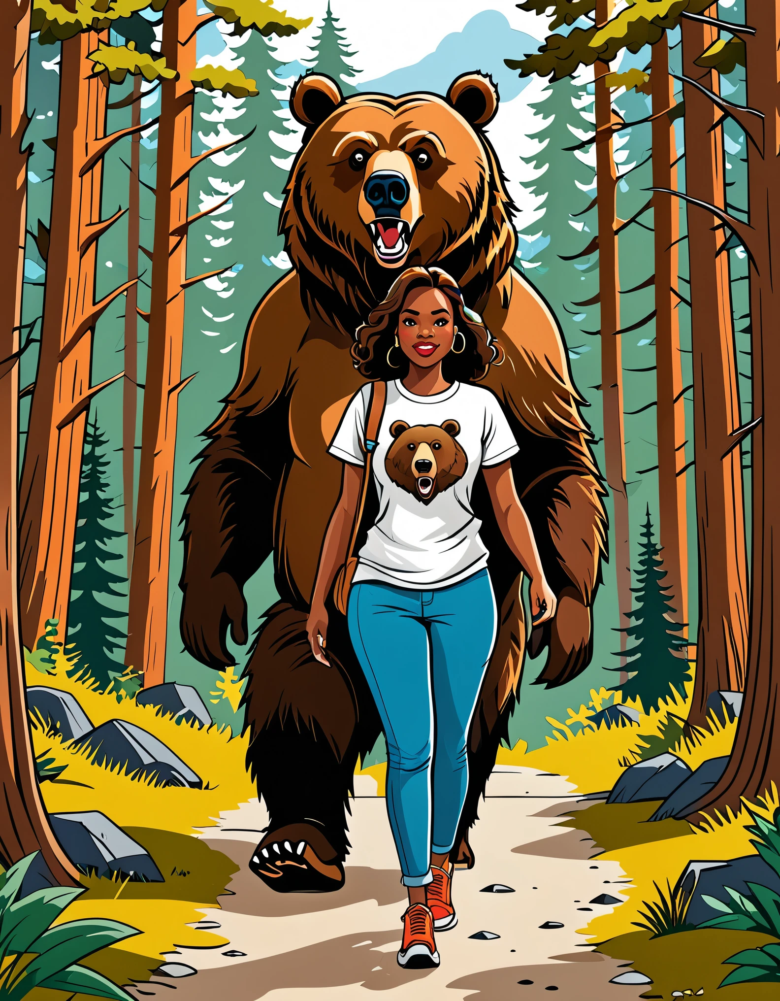 cartoon t shirt vector design, A cartoon African American woman, walking with a Grizzly bear in the woods, cartoon style, white background