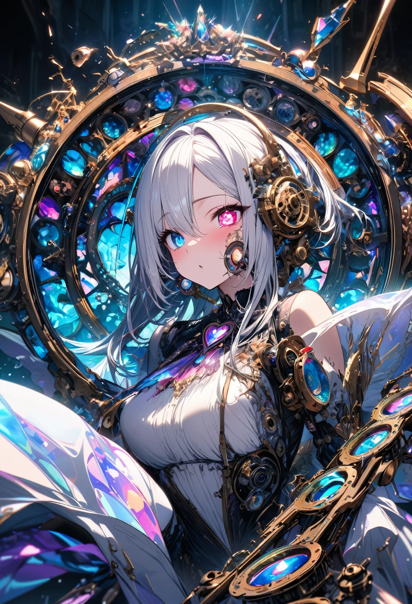 a beautiful girl with blue eyes, long white and blue hair streaked with shadow, wearing sunglasses on her head, in a panda-eared outfit, standing in a dramatic landscape with dramatic lighting and shadows, highly detailed, masterpiece, best quality, 4k, 8k, photorealistic, ultra-detailed, sharp focus, physically-based rendering, professional, vivid colors, bokeh