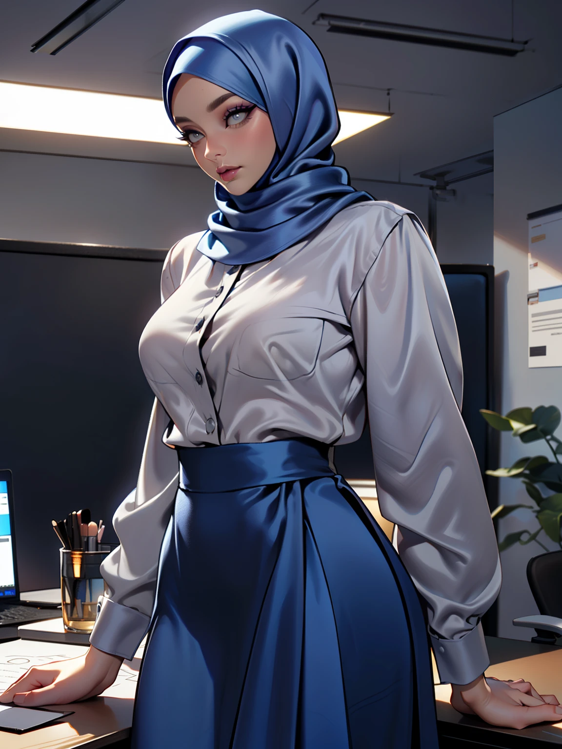 ((Masterpiece, best quality, photography, detailed skin, realistic, photo-realistic, 8k, highly detailed, full length frame, High detail RAW color art, diffused soft lighting, shallow depth of field, sharp focus, hyperrealism, cinematic lighting, hijab, a woman in a beautifully makeup, smokey eyeshadow, beautiful big eyes, long eye lashes, wearing (Dark blue satin hijab), loosely tide hijab style, ((gray satin shirt)), satin long maxi skirt, lean on office desk