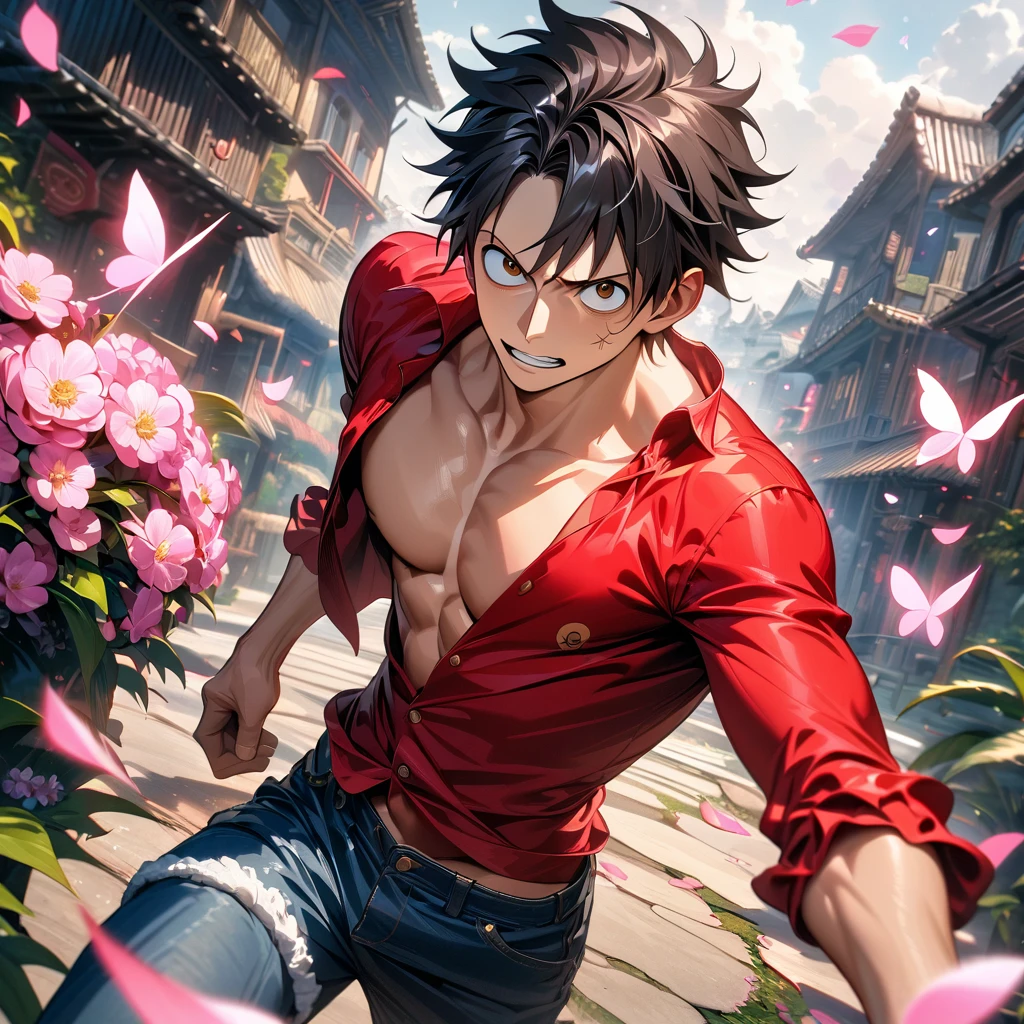 absurdres, highres, ultra detailed, HDR, masterpiece, extremely detailed face and eyes, Monkey D Luffy, black hair, expressive brown eyes, One Piece, solo, sexy man, handsome, toned chest, red shirt, handsome, pink butterflies, pink petals, pink flowers