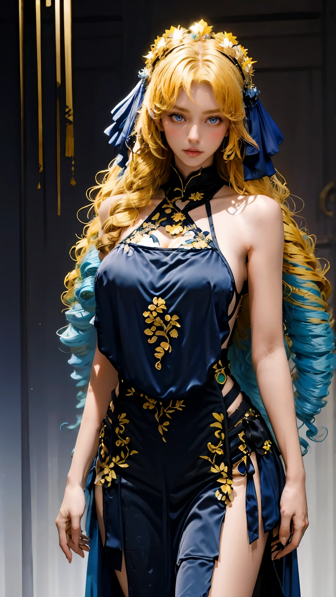 Best quality, masterpiece, ultra high res, raw photo, beautiful and aesthetic,deep shadow, dark theme,(ultra detailed:1.3),
1girl, standing pose, flower headdress, full of curtain, drill hair, long hair, blonde hair, gradient hair, yellow eyes, solo, huge breasts, big hair, blue hair, divine goddess, looking at viewer, chinese city, Chinese theme, Chinese style, indoors, bedroom, astraea, full body, (green)+ breasts curtain, floral print, cleavage, bare shoulders, bare arms