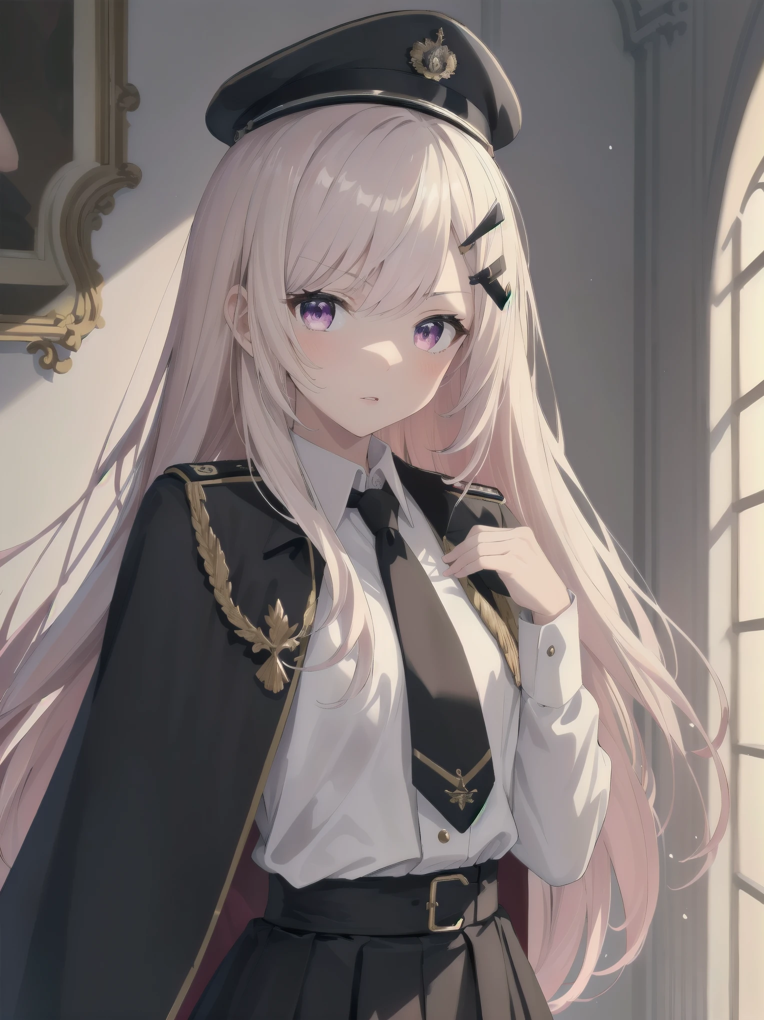 The girl wore a black German military uniform, The girl was draped in a black cloak, surreal, granblue fantasy style, extremely delicate and beautiful, upper body, looking at viewers, focus on eyes, hands behind back, grace, Perfect female body, girlan extremely delicate and beautiful girl, young, Very long hair, sliver hair, big forhead, hair over shoulder, shiny platinum blonde hair, long hair flowing with the wind, detailed face, serious, beatiful detailed eyes, medium chest circumference, white skin, holster, necktie, black capelet, gloves, German military uniform, black gauze skirt, formal, black Clothes, indoors, palace, State banquet, best masterpiece, hyper quality, ultra-detailed,purple eyes,Military uniform,1girl, solo, long hair, pink hair, hairclip, bangs, pink eyes, , pink bow, white shirt, collared shirt, long sleeves, grey skirt