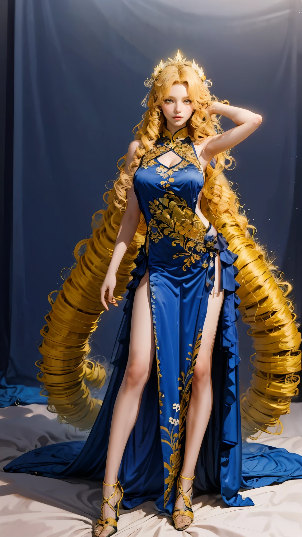 Best quality, masterpiece, ultra high res, raw photo, beautiful and aesthetic,deep shadow, dark theme,(ultra detailed:1.3),
1girl, sexy pose, flower headdress, full of curtain, drill hair, long hair, blonde hair, gradient hair, yellow eyes, solo, huge breasts, big hair, blue hair, divine goddess, looking at viewer, chinese city, Chinese theme, Chinese style, indoors, bedroom, astraea, full body, (green) + breasts curtain, floral print, cleavage, bare shoulders, bare arms