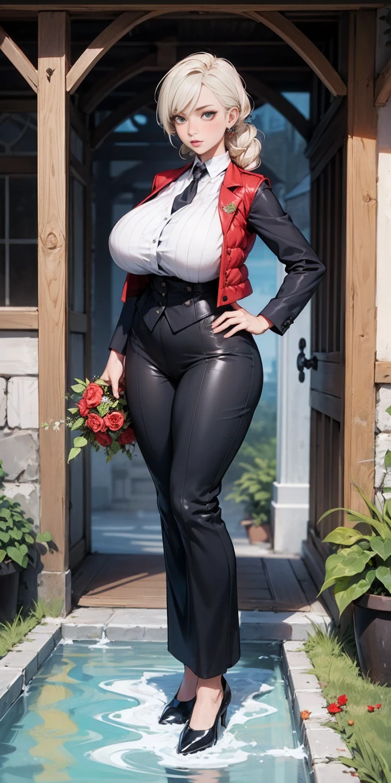 1 girl, frozen lake, FEMALE, big breasts, voluminous breasts, curvy breasts, mesh stockings, standing with a bouquet (red roses) full height, bottom view, best quality, very detailed, ultra 8k resolution, huge breast, coat, vest, long skirt, portrait, full body, Victoria's clothing, long dress, knight, pants, black skin suit, medieval city, plants, vest, polo shirt, forest, long skirt