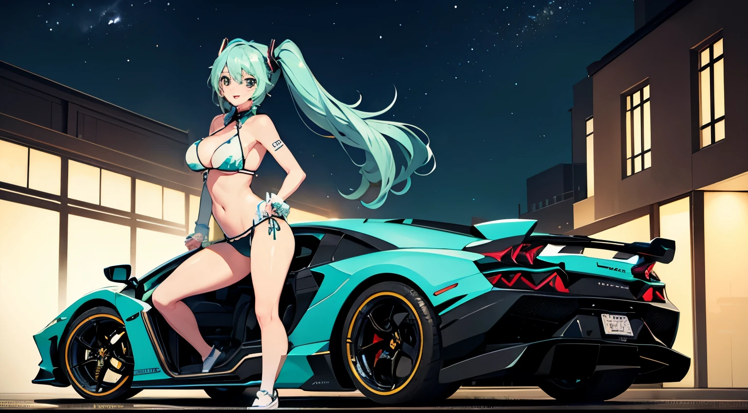 Drive a Lamborghini、Hatsune Miku in a bikini、Large Breasts、Night view、smile