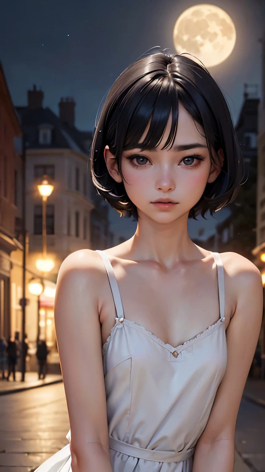 (,Street lamp,moon),masterpiece, One woman, Solo Exhibitions, Beautiful woman with small breasts,Beautiful Goddess Portrait, Beautiful and elaborate face, Porcelain-like skin, (((Full Shot,center, night, Black Hair, short hair)), Very soft lighting, Symmetric, complicated, grace, Attention to detail, realism, art, concept art,White clothes