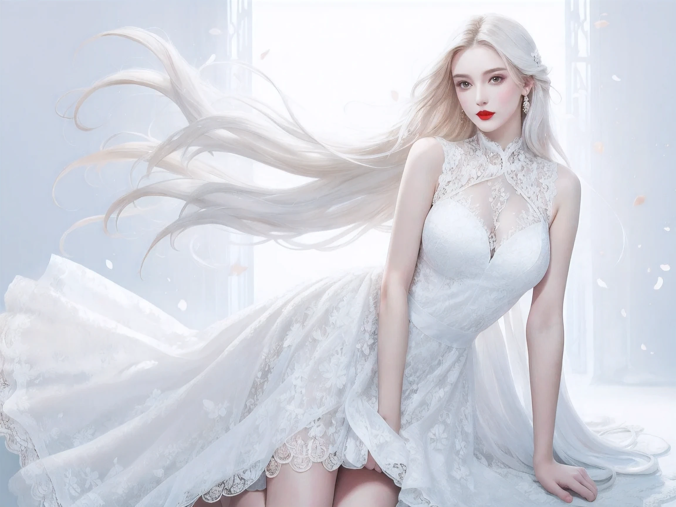 A stunningly beautiful (((woman))), with long, flowing (((white hair))), flawless (((porcelain skin))), and striking (((red lips))), dressed in a (((white, flowing lace dress))), blending in against a (completely pure, (((white backdrop))))