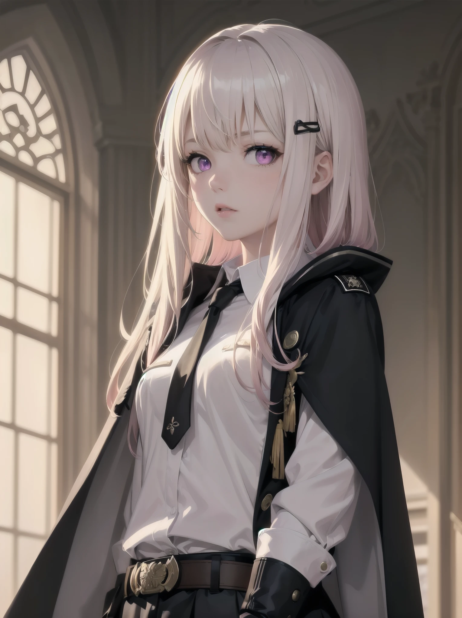 The girl wore a black German military uniform, The girl was draped in a black cloak, surreal, granblue fantasy style, extremely delicate and beautiful, upper body, looking at viewers, focus on eyes, hands behind back, grace, Perfect female body, girlan extremely delicate and beautiful girl, young, Very long hair, sliver hair, big forhead, hair over shoulder, shiny platinum blonde hair, long hair flowing with the wind, detailed face, serious, beatiful detailed eyes, medium chest circumference, white skin, holster, necktie, black capelet, gloves, German military uniform, black gauze skirt, formal, black Clothes, indoors, palace, State banquet, best masterpiece, hyper quality, ultra-detailed,purple eyes,Military uniform,1girl, solo, long hair, pink hair, hairclip, bangs, pink eyes, , pink bow, white shirt, collared shirt, long sleeves, grey skirt