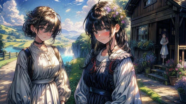 (highest quality、masterpiece、High resolution)、(Sargent style watercolor)、(anime art)、soft light、Views of the Cotswolds、old farmhouse、flowers bloom、((multiple women、everyone is standing))、(Detailed depiction of a beautiful face)、smile gently、medium short hair、dark brown hair、braided hair、White blouse and long skirt、picnic、cinematic light、soft sunlight、lake、Beautiful mountain range in the background、blur the background、 