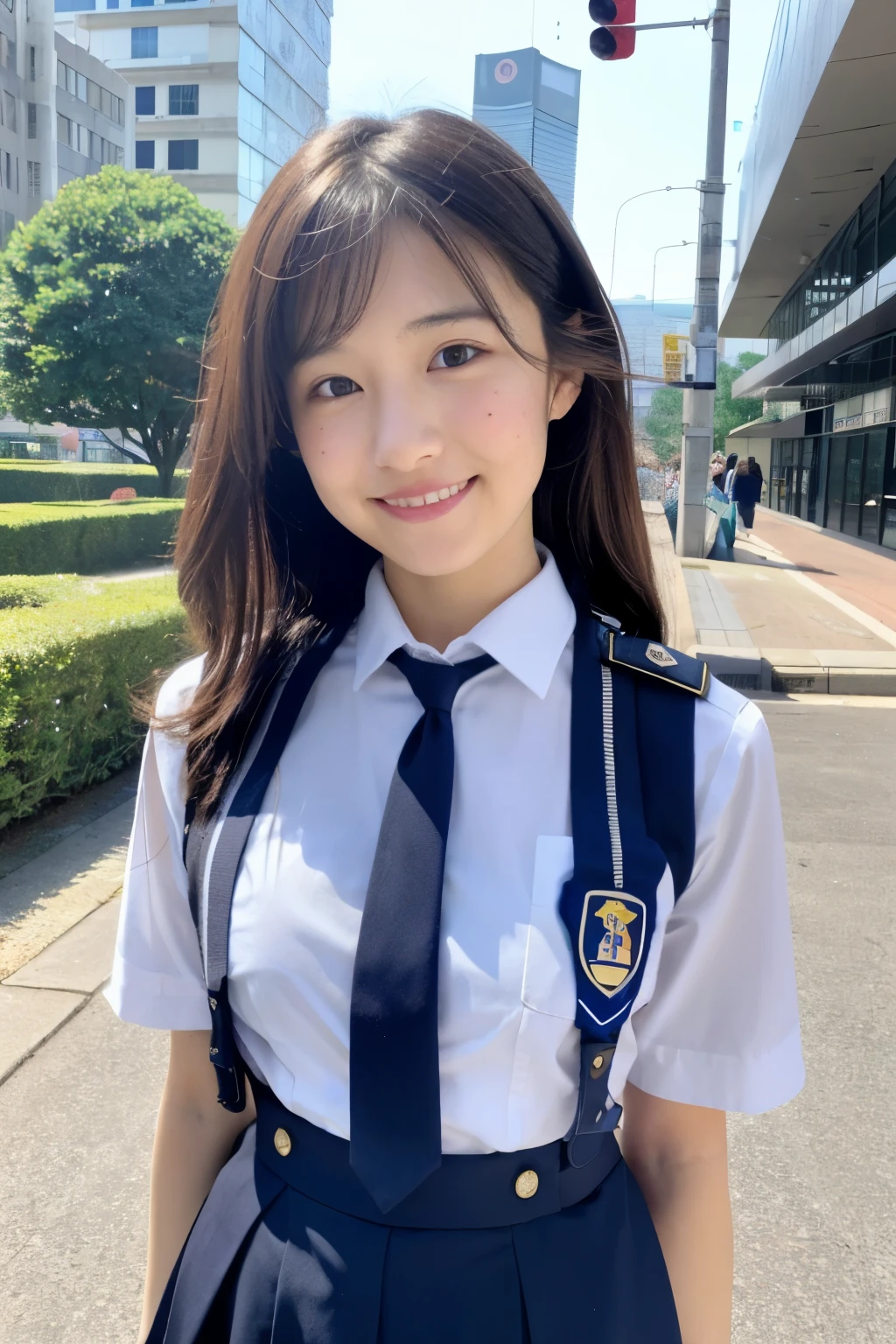 ((highest quality)), ((masterpiece)), (detailed), Perfect Face, A 20-year-old girl as cute as a 16-year-old idol, A kind smile, Very cute、Young face、Female police officer, Police uniform, Police uniformはCleavageが見えるデザイン、mini skirt、Cleavage, whole body, whole body像、City Sidewalk, Genuine stick, Genuine、Real