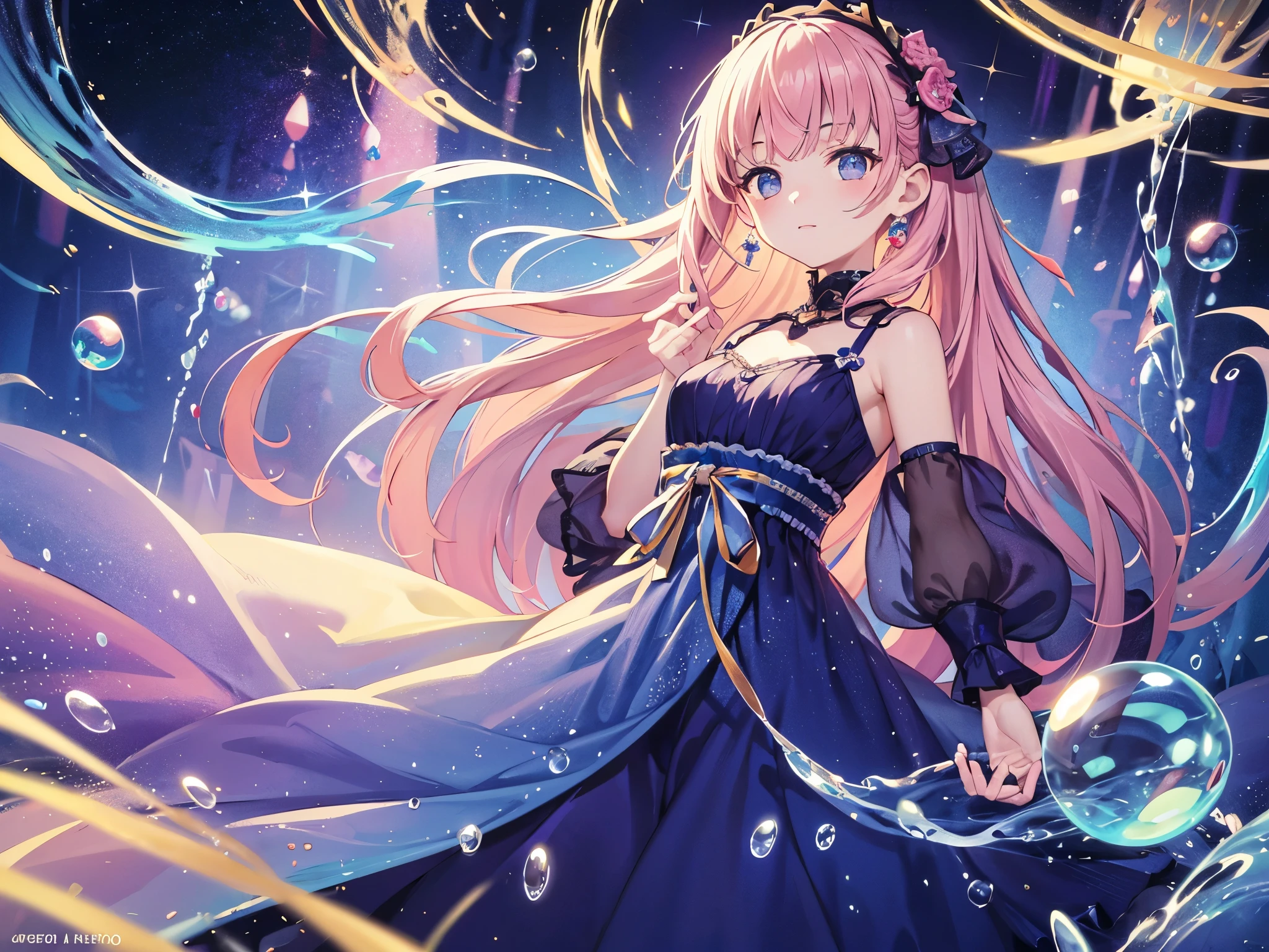 highest quality, masterpiece, Ultra-high resolution, Beautiful Face, Flat Design, Wide Shot, Face the viewer,A lot of soap bubbles、Bubble Splash Art、Girl in a big transparent bubble、Complex background, bubble background, woman inside of the bable wearing Mysteriousal pink traslucent dress that reflects the stars , Promotional Art, Mysterious,Complex drawing, Very detailed, Cover Girl Brand, Promotional Art、Artistic Expression, Mysterious, Starry Night, Glow in the dark