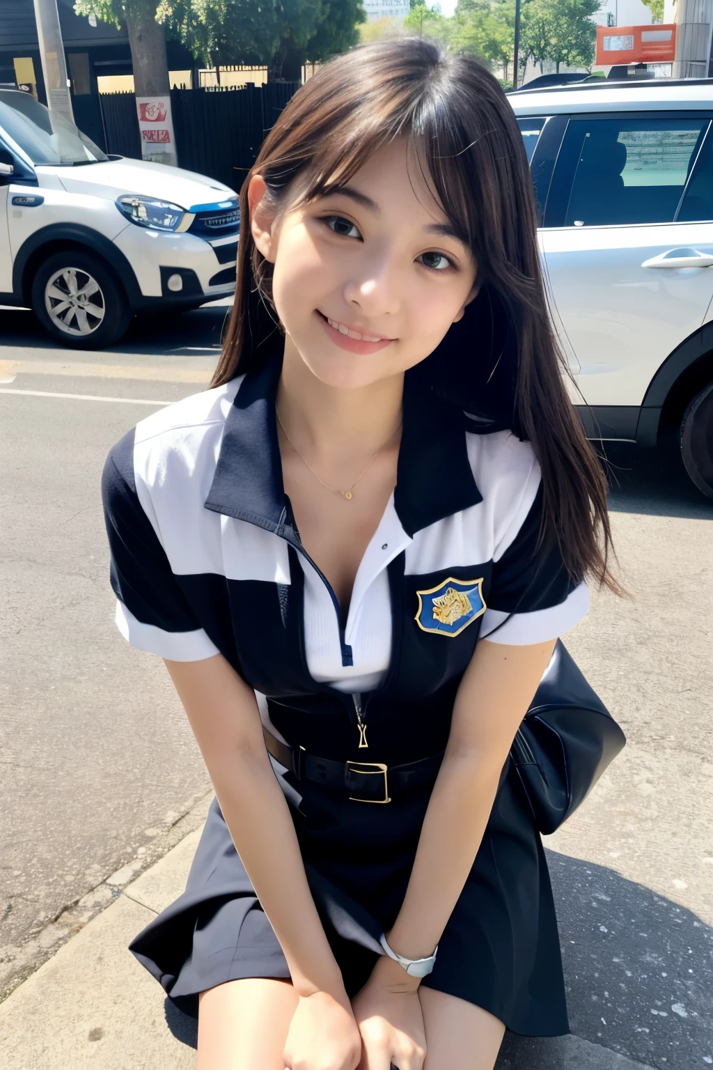 ((highest quality)), ((masterpiece)), (detailed), Perfect Face, A 20-year-old girl as cute as a -yeld id A kind smile, Very cute、Young face、Female police officer, Police uniform, Police uniformはCleavageが見えるデザイン、mini skirt、Cleavage, whole body, whole body像、City Sidewalk, Genuine stick, Genuine、Real