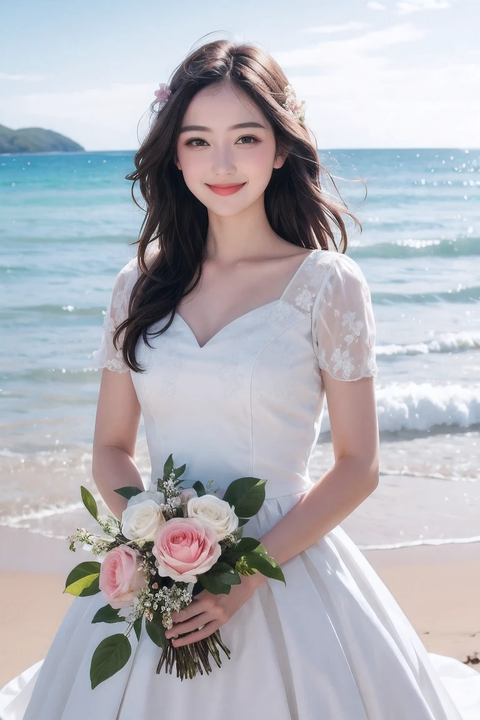 a beautiful woman, a white and dress, in a beautiful beach, long hair in a mess, flirting, light smile, Holding flowers, ultra HD, realistic, bright colors, high detail, UHD drawing, perfect composition, beautiful detailed complex,

