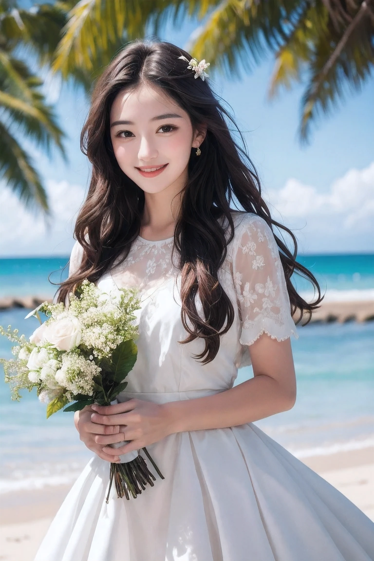 a beautiful woman, a white and dress, in a beautiful beach, long hair in a mess, flirting, light smile, Holding flowers, ultra HD, realistic, bright colors, high detail, UHD drawing, perfect composition, beautiful detailed complex,