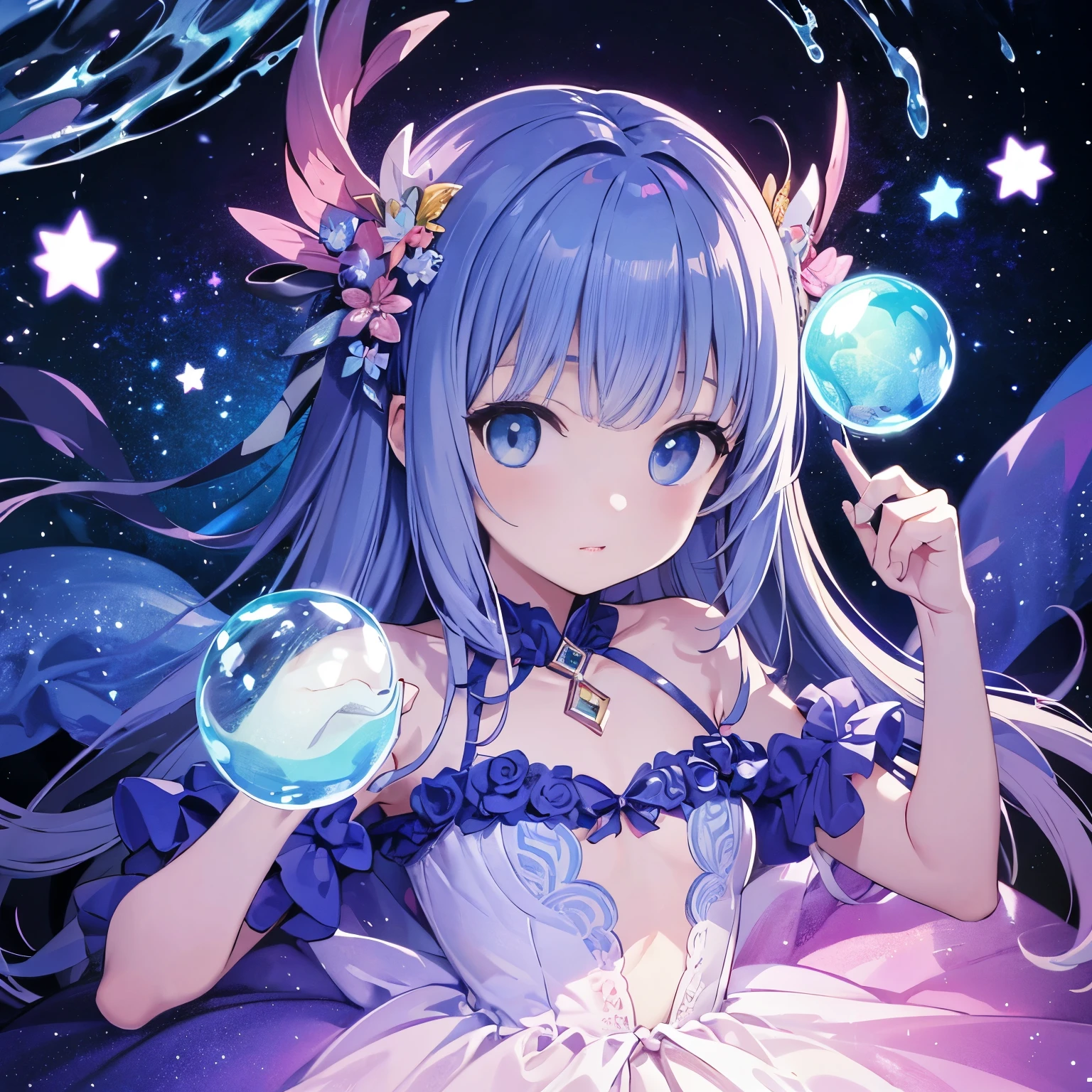 highest quality, masterpiece, Ultra-high resolution, Beautiful Face, Flat Design, Wide Shot, Face the viewer,A lot of soap bubbles、Bubble Splash Art、Girl in a big transparent bubble、Complex background, bubble background, woman inside of the bable wearing Mysteriousal pink traslucent dress that reflects the stars , Promotional Art, Mysterious,Complex drawing, Very detailed, Cover Girl Brand, Promotional Art、Artistic Expression, Mysterious, Starry Night, Glow in the dark