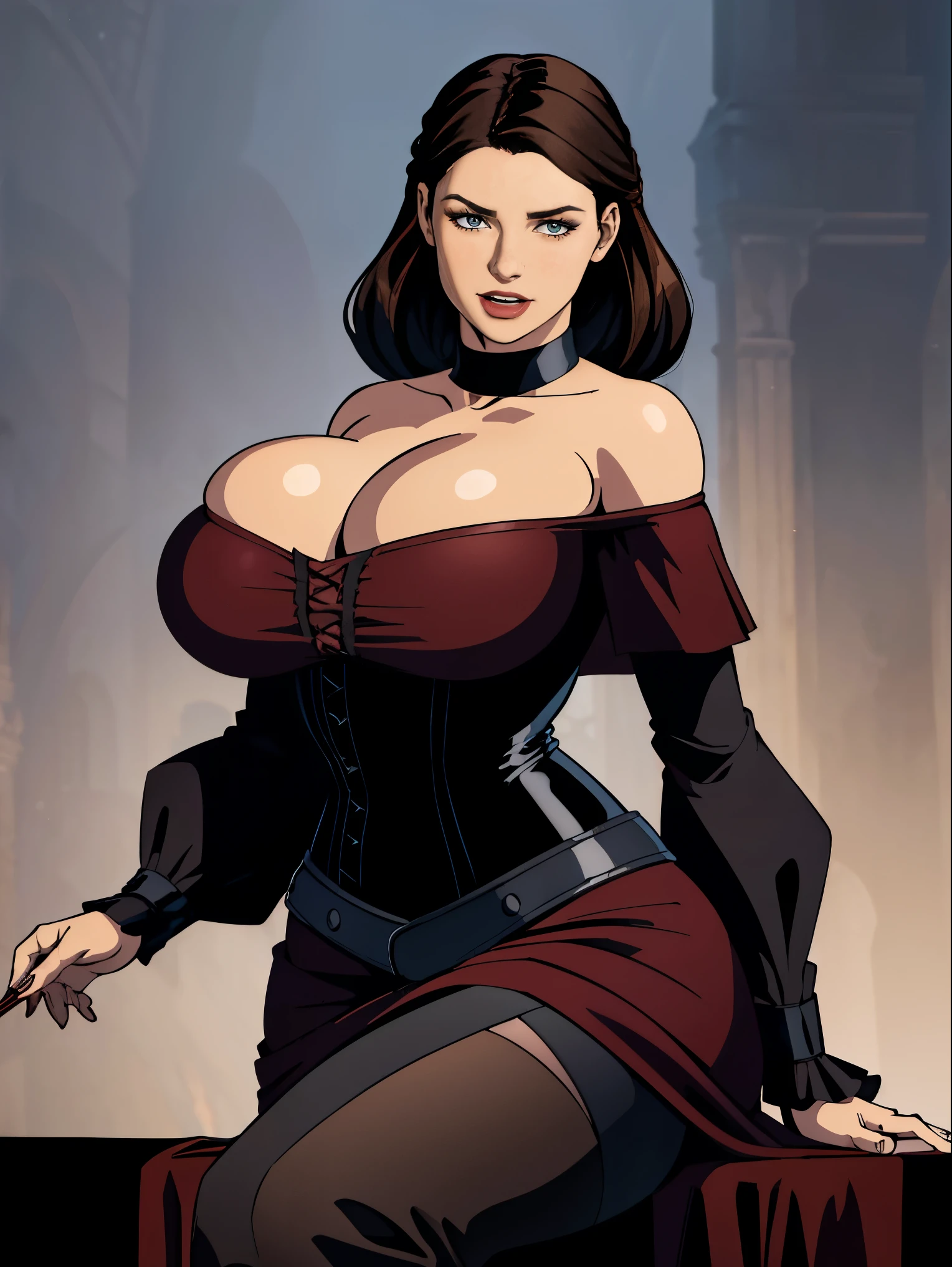 (masterpiece, top quality, best quality, official art, beautiful and aesthetic:1.2), (1girl:1.3), long and curly dark brown hair, ((extravagant updo)), Victorian style, extremely detailed, portrait, looking at viewer, solo, (full body:0.6), detailed background, close up, mischievous eyes, (cold midnight castle theme:1.1), extremely busty vampire, long fangs, blood on chin, huge lips, charlatan, smirk, mysterious, being seductive on a balcony, revealing gothic dress, lace, extremely tight bodice, black attire, red skirts, off shoulder, long sleeves, loose sleeves, black leather, cloak, corset, black dress, fishnets, thigh high black boots, buckles, straps, pouches, glowing blood magic energy, dark red fabric, silver trim, black leather, (ruffled collar), (((gigantic breasts))), cleavage, skindentation, slim waist, slim hips, long legs, medieval (gothic castle exterior:1.1) background, nighttime, dark mysterious lighting, shadows, magical atmosphere, dutch angle