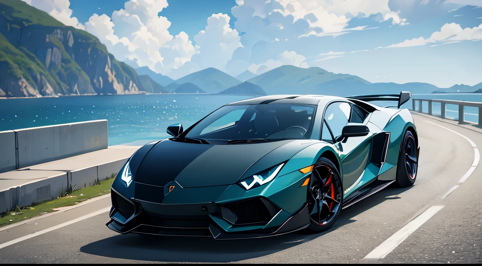 Drive a Lamborghini、Hatsune Miku in a bikini、Large Breasts、Night view、smile