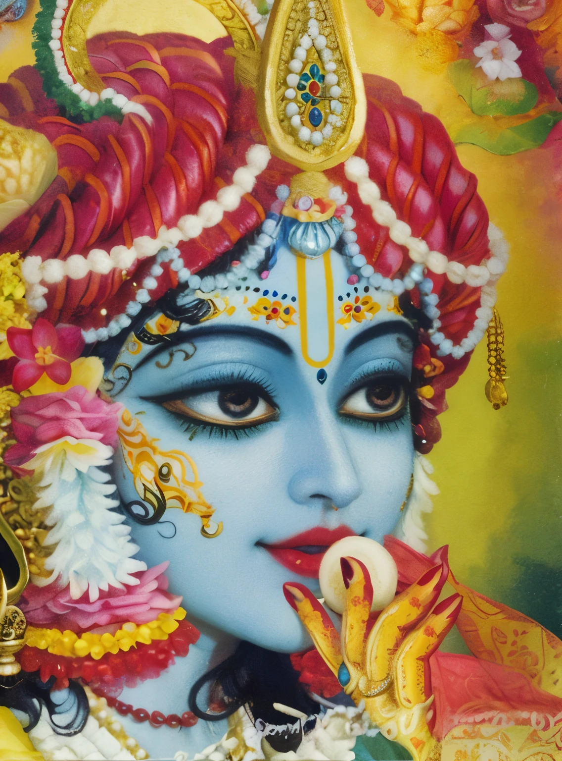 Shree Krishna eating ladoo from the lotus hands of Radharani, adirable face, sky blue skin tone, large lotus eyes, red glossy lips, ornaments, flowers, patterns, extremely beautiful, glowing