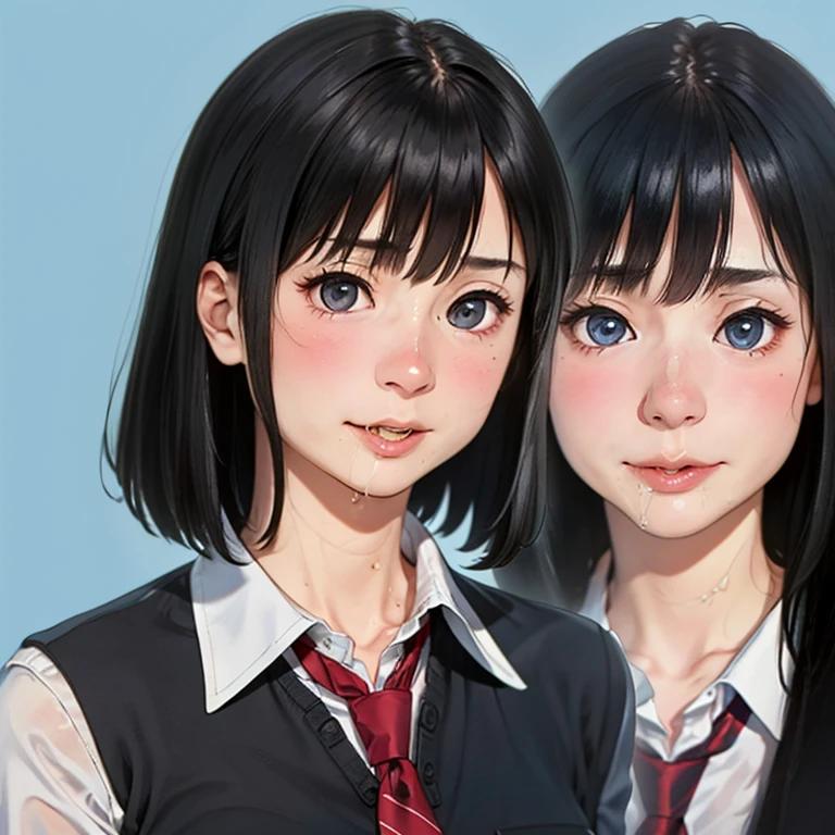 NSFW, (kawaii 24 year-old Japanese girl, Nogizaka idol, Korean idol), (glossy hair, very short hair, bangs:1.3), (beautiful black eyes, rounded face, single eyelid, no makeup:1.4), (embarrassed, noseblush, sex silly, orgasm, empty eyes:1.5), (cum to face, semen on the face, bukkake:1.3), (wearing suit jacket, collared shirt, necktie:1.3), (extra small breasts:0.9), BREAK, (simple blue background:1.3), (view from forward, bust shot:1.3), BREAK, (masterpiece, best quality, photo realistic, official art:1.4), (UHD, 8K quality wallpaper, high resolution, raw photo, golden ratio:1.3), (shiny skin), professional lighting, physically based rendering, award winning, (highly detailed skin, extremely detailed face and eyes), Carl Zeiss 85 mm F/1.4, depth of field, 1girl, solo,