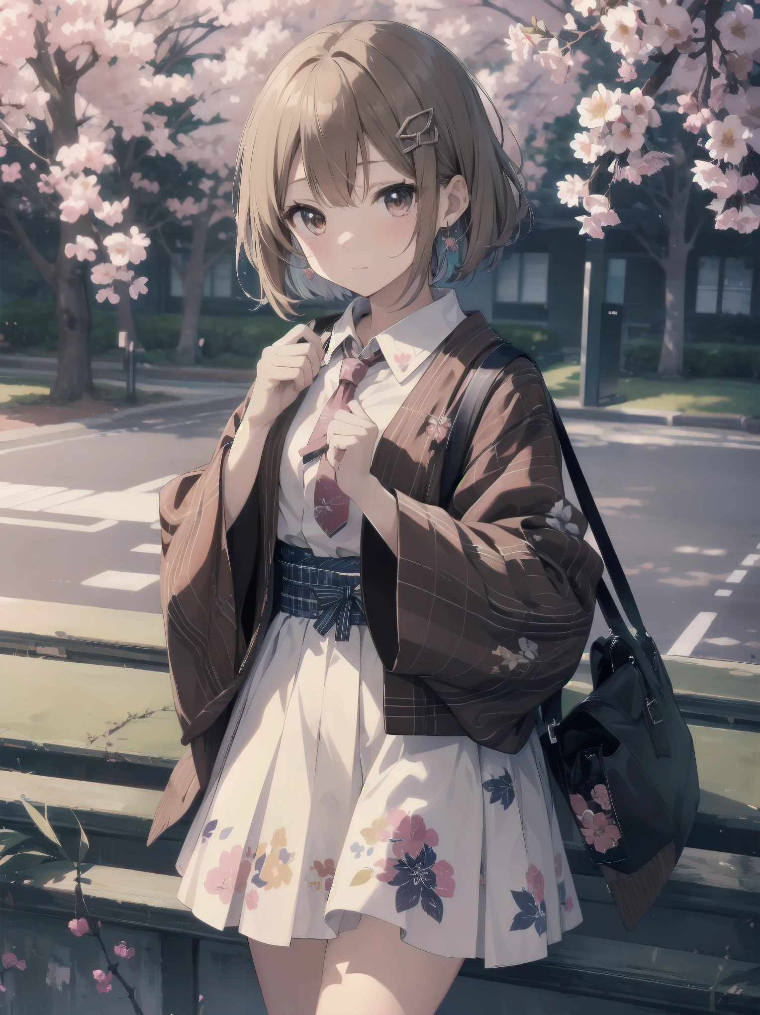 sendo yuuhi, short hair, hair rings, hair ornament, , shirt, necktie, jacket, brown sweater, long sleeves, white skirt, plaid skirt, kawaiitech, pastel colors, kawaii, cute colors, jyojifuku, obi, wide sleeves, yukata, dress, floral print