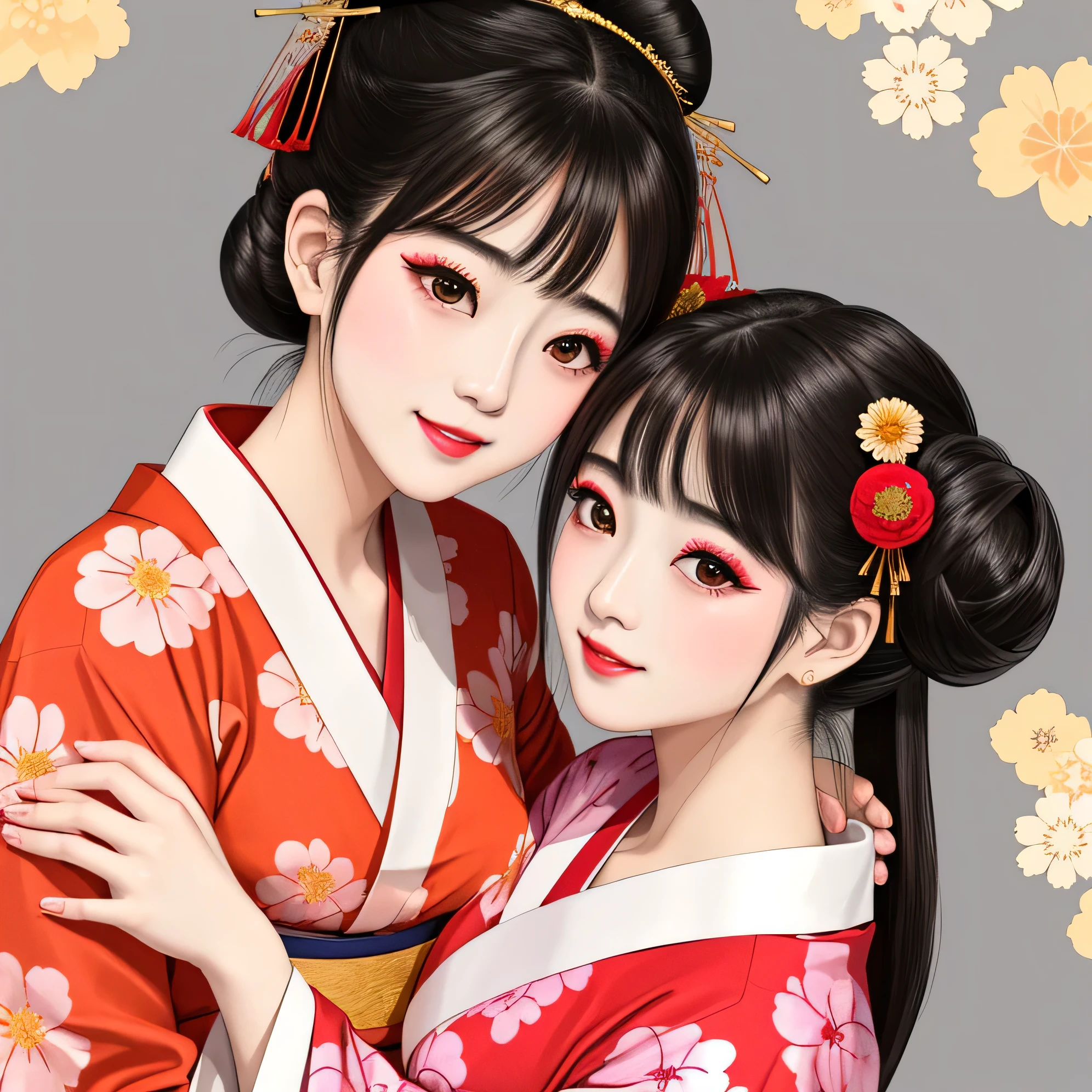 Each has a different expression2People and sisters、(2 girls)、⦅Dancing traditional arts with grace)、((Big Breasts、Small Face、Not exposed))、highest quality、masterpiece、(Black Hair、Bun Hair)、Brown Eyes、⦅Wide angle、Angle from above the waist and diagonally below、Pause on the magazine cover、Their gazes are different, gazing into the distance⦆、(8K High Quality、masterpiece、High resolution、Realistic and beautiful light and shadow、(highest quality)、(High Resolution)、(Very delicate and beautiful)、(Beautiful 8k face)、(With a smile、Beautiful eyes)、(Clear skin)、(Soft hair)、(8Head to Body)、(A Japanese style yukata kimono with red, pink and orange floral patterns on a white background, interspersed with gold powder、Five beautiful Japanese girls wearing yukata)、((Tanabata decoration background))、((Small Face))、(arms up)、Thin and small nose、(Red lipstick)、(Make your cheeks red)、(Glossy skin)、((Ink painting style))、Very thin eyebrows、Overall ultra-high image quality、(She is wearing maiko-style makeup.)、Whitening、Long and beautiful eyelashes、Glowing Skin、(Red cheeks),Straight nose、masterpiece、highest quality、whole body、 Eyebrows visible through hair、Bun Hair、Grin、Gal、Gal、Viewer's Eyes、Plaid、Stylish、woman、fine、Pause、
Waiting to start